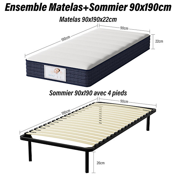 Ensemble Matelas à ressorts  Sommier à Lattes sur Pieds, 90x190cm, Epaisseur du Matelas 22cm