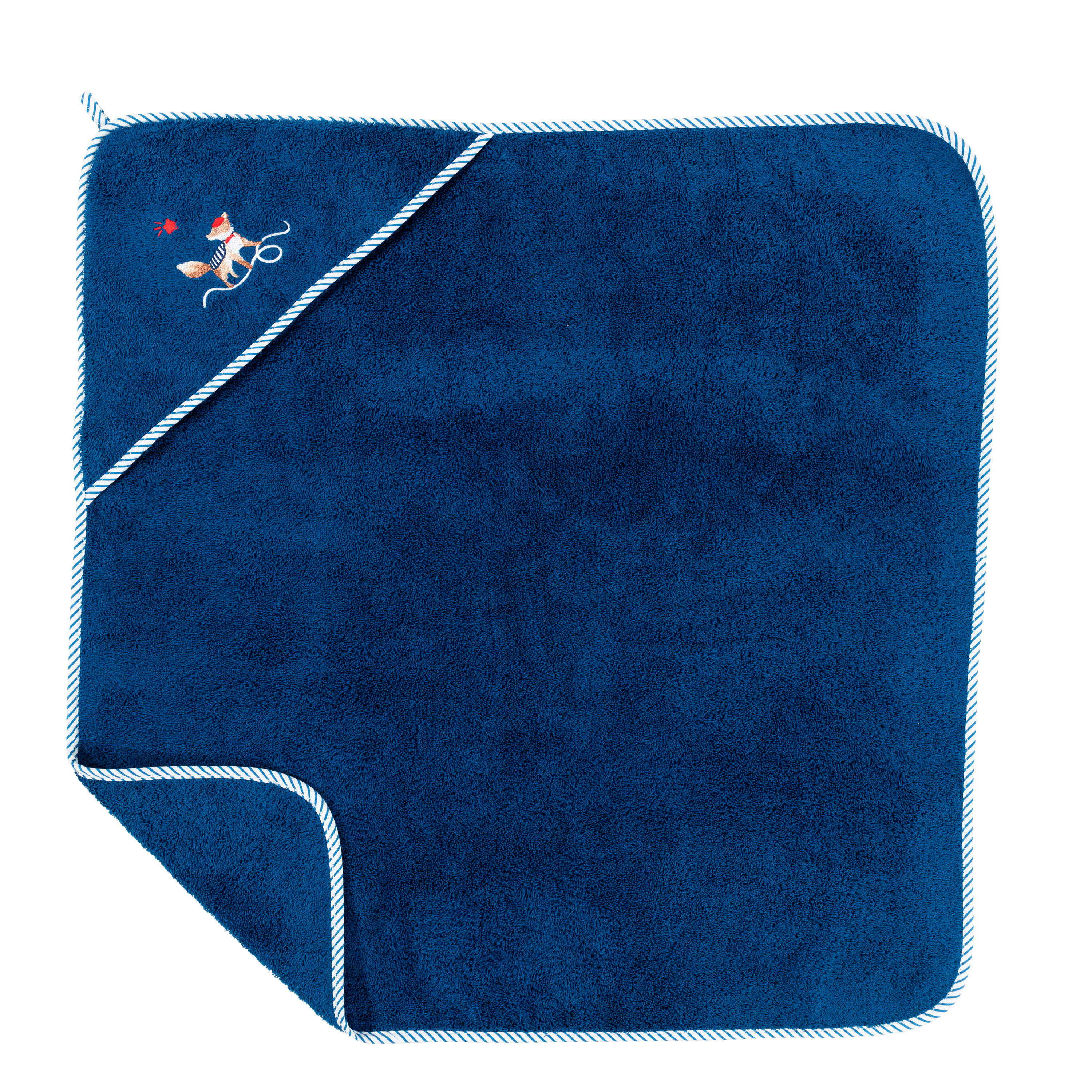PTITCHIC - Cape de bain coton biologique brodé bouclette bleu 80 x 80 cm