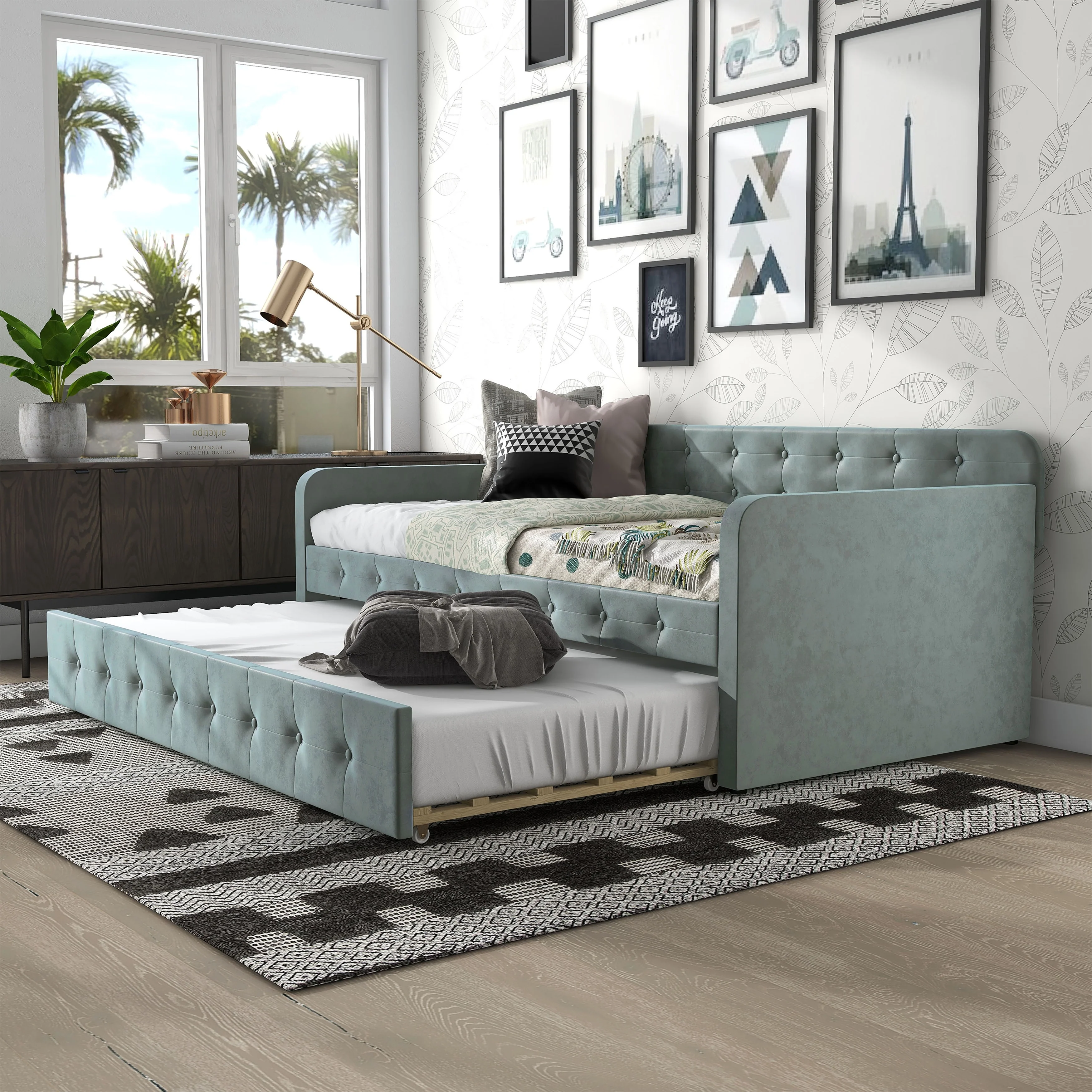 Menzelle Contemporary 2-Piece Twin Upholstered Tufted Day Bed with Trundle by Furniture of America