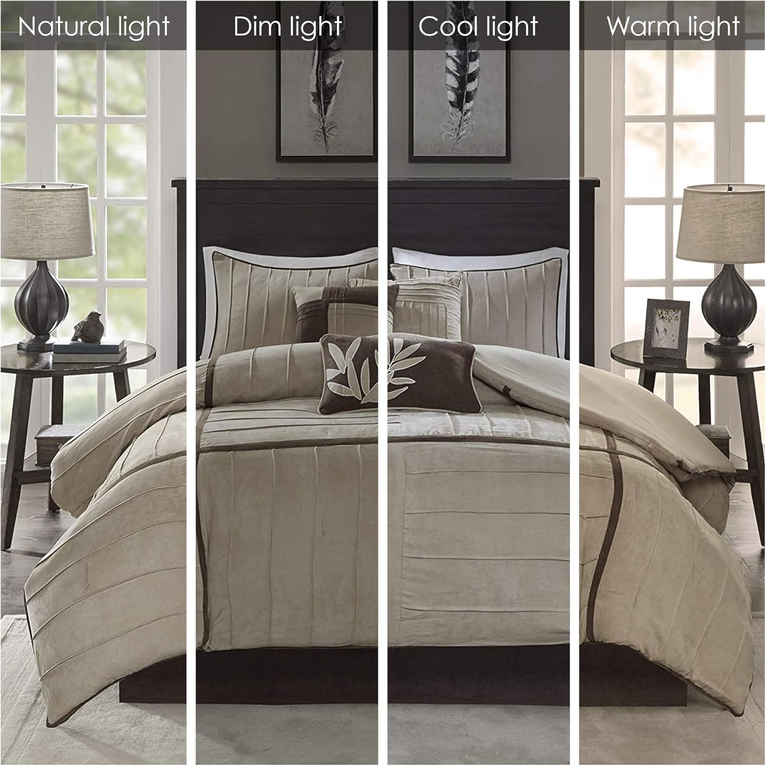 Madison Park Cozy Comforter Set Casual Blocks Design All Season, Matching Bed Skirt, Decorative Pillows, King(104x92), Dune Suede, Beige Brown, 7 Piece