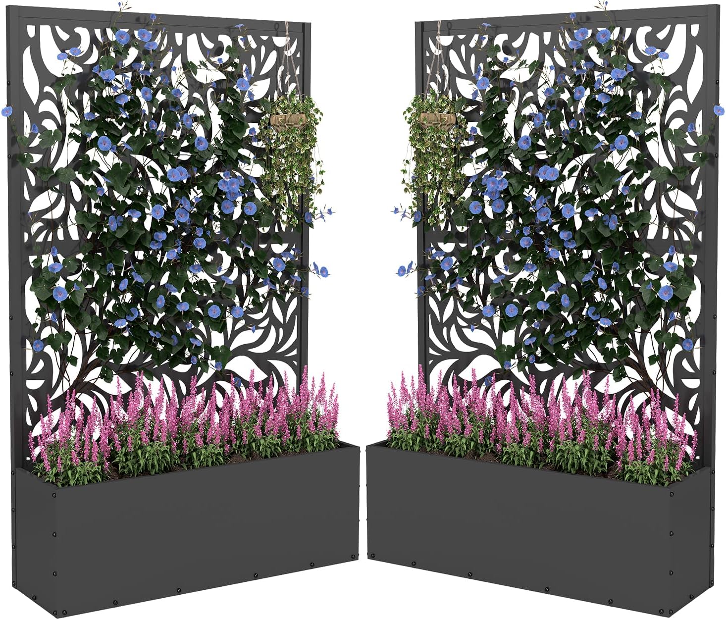 2PCS Metal Planter Box with Trellis 70.9x47.2x15.7 Raised Garden Bed with Drainage Holes  Privacy Planters for Outdoor Garden Bed for Climbing Plants Vegetables and Vines  Black-Flower