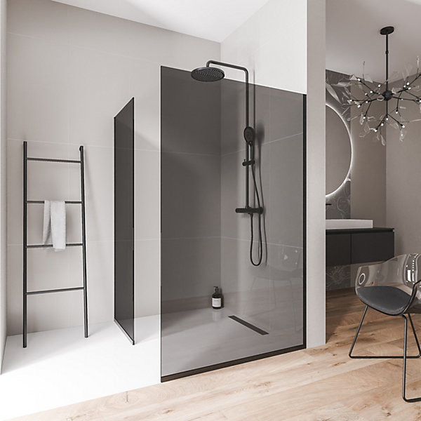 2 Parois de douche italienne d'angle 100x200cm   100cm, verre fumé NANO 10mm, profilé mural   sol inox noir mat - EX102