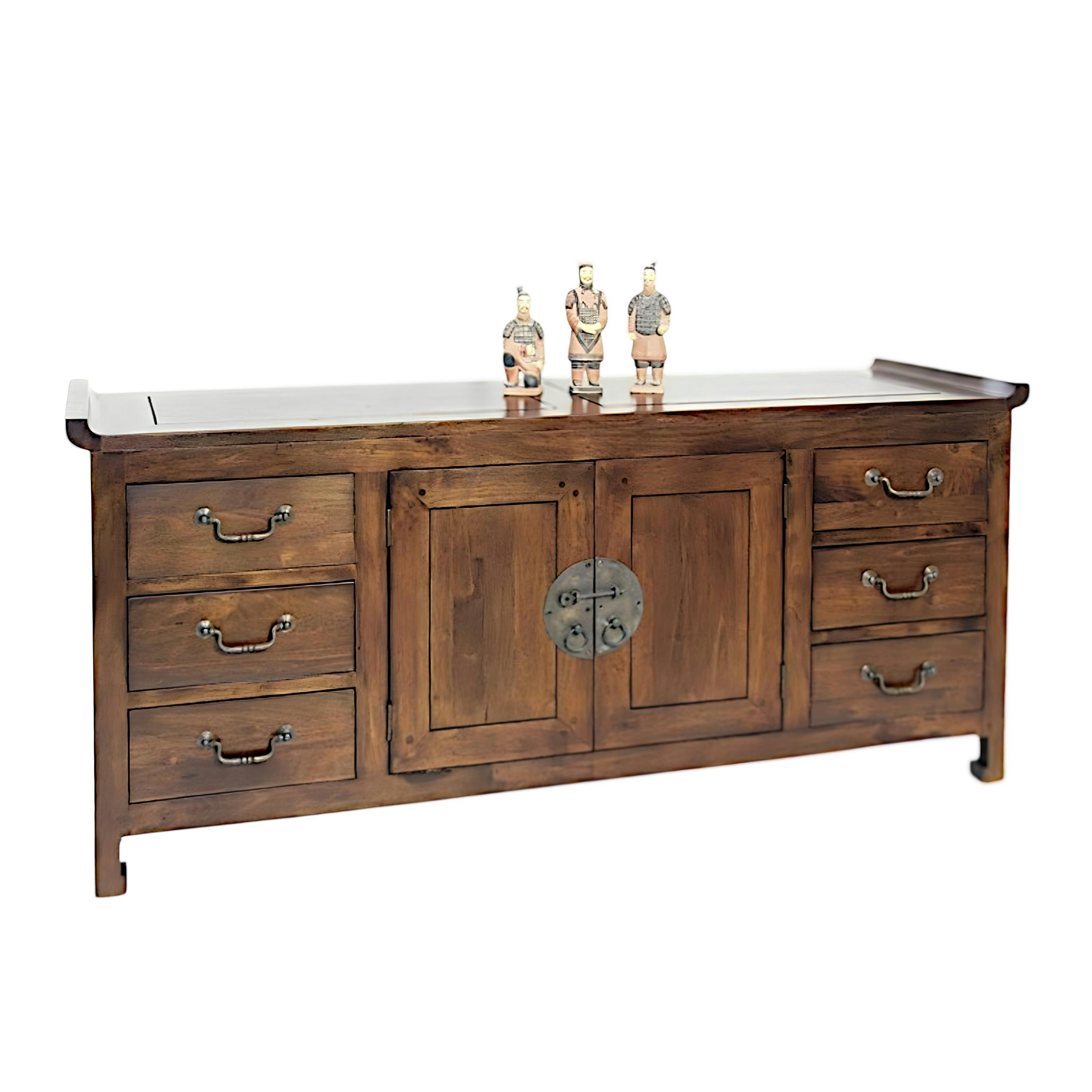 Buffet / Enfilade Chinois Hévéa 2 portes, 6 tiroirs 145x45x65cm MAORI