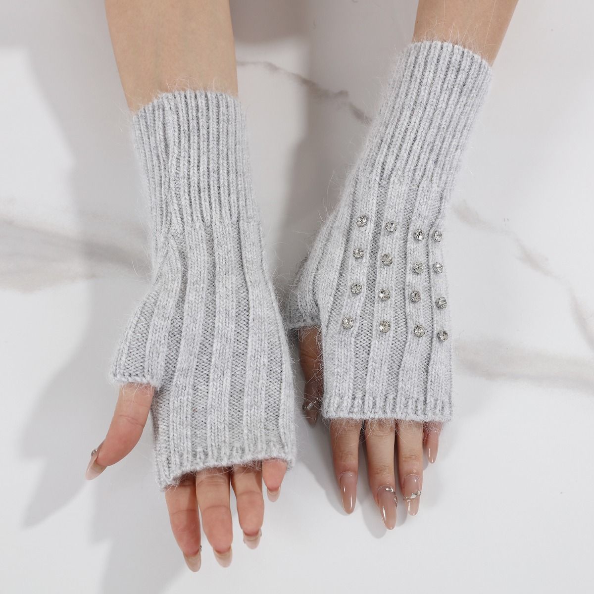 PEACH ACCESSORIES Soft Knitted Fingerless Gloves with Rhinestones