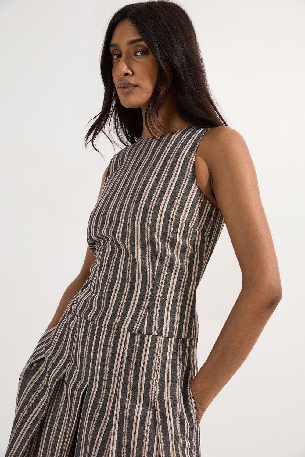 KarenMillen Tailored Stripe Linen Sleeveless Full Skirt Midi Dress