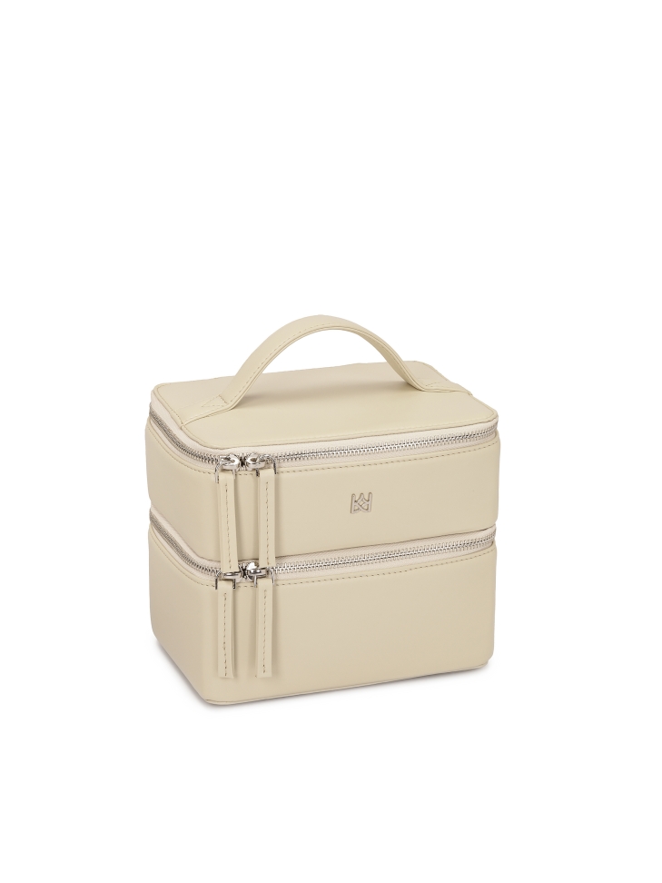 Leather makeup bag with mirror and brush holders