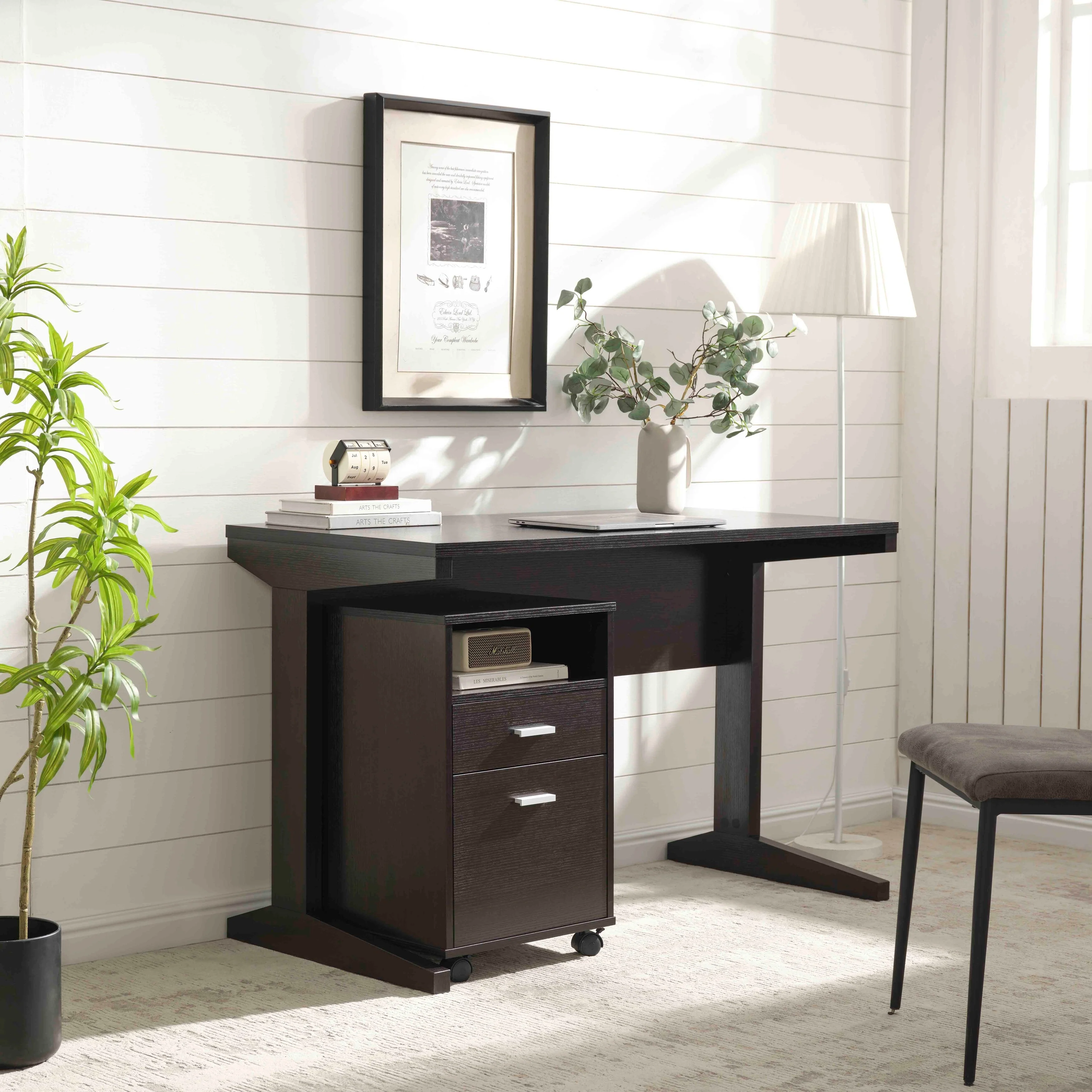 Home Office Desk With Modesty Panel And Detached File Cabinet On Locking Wheels With Two Drawers Metal Bar Handle