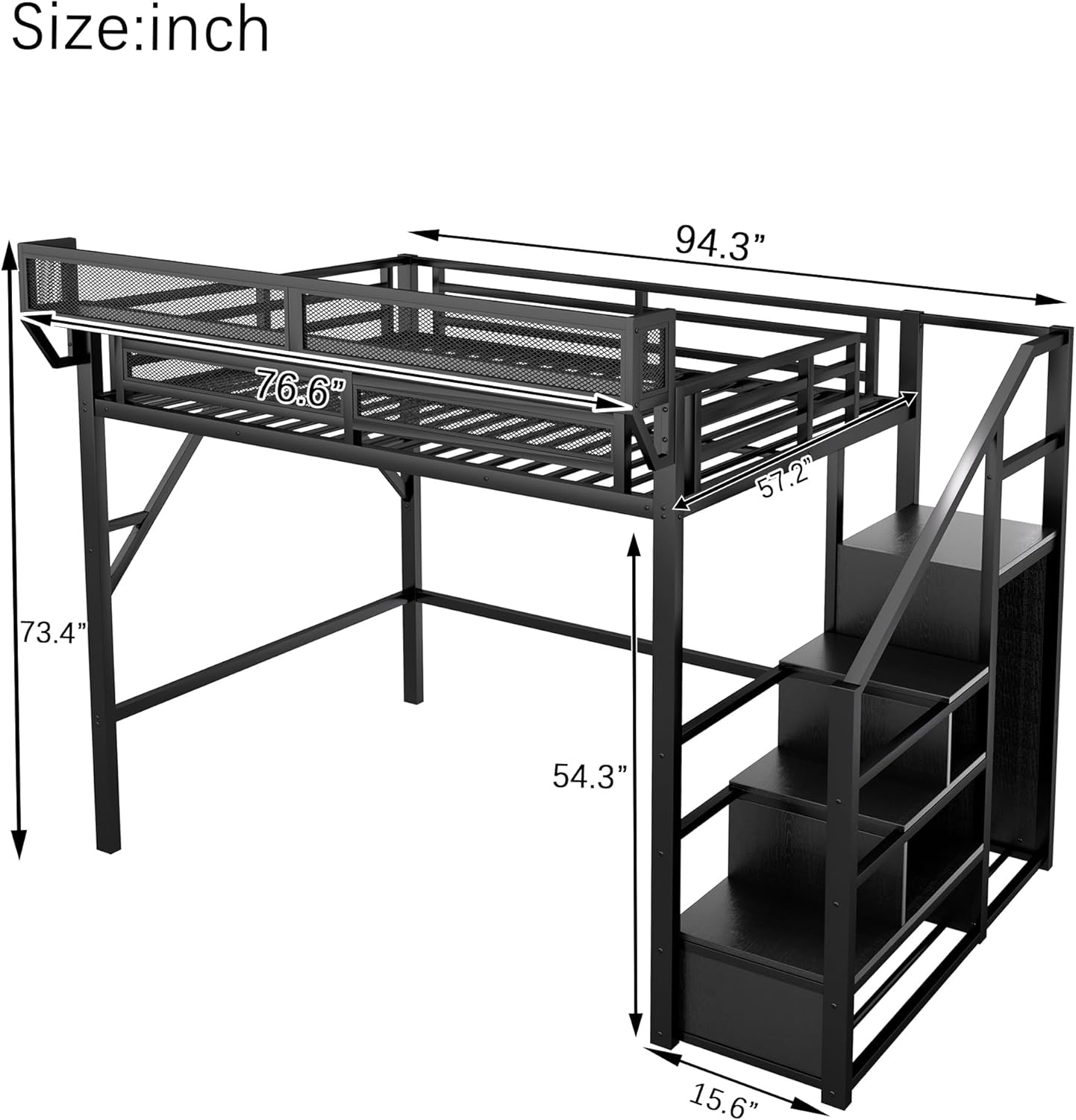 KEIKI Full Size Metal Loft Bed Frame with Convertible Staircase, Built-in Storage Shelves and Wardrobe, Loft Bed with Solid Slats, Guardrail, No Box Spring Required, Easy Assembly, for Bedroom, Black