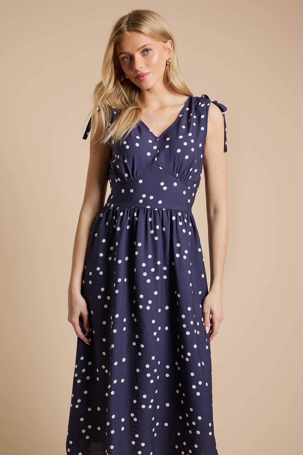 Dorothy Perkins Navy Spot Drawstring Shoulder V Neck Midi Dress