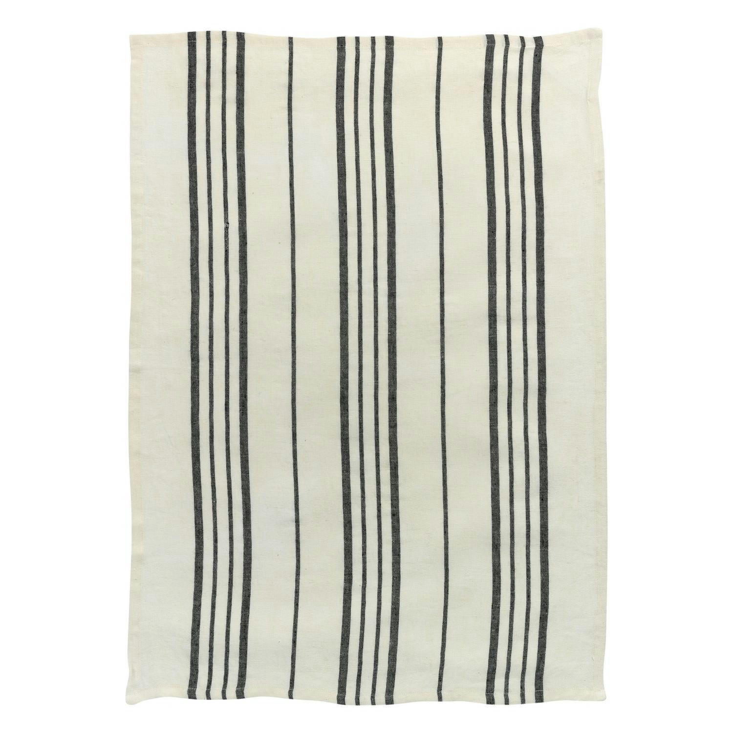 KARMA - Torchon rayé  en lin ecru/noir 55 x 75