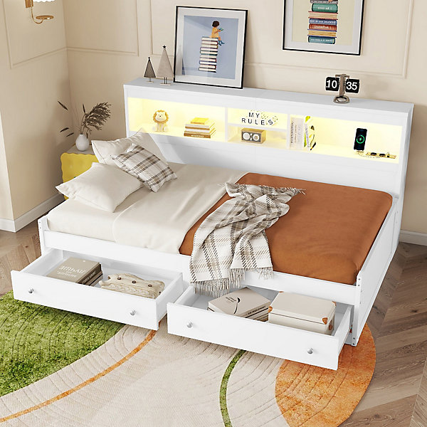 Lit Banquette 90x200 cm - Lit Simple Enfant/Ado avec Ports USB et éclairage LED d'Ambiance - Sans Matelas - Structure MDF - Blanc