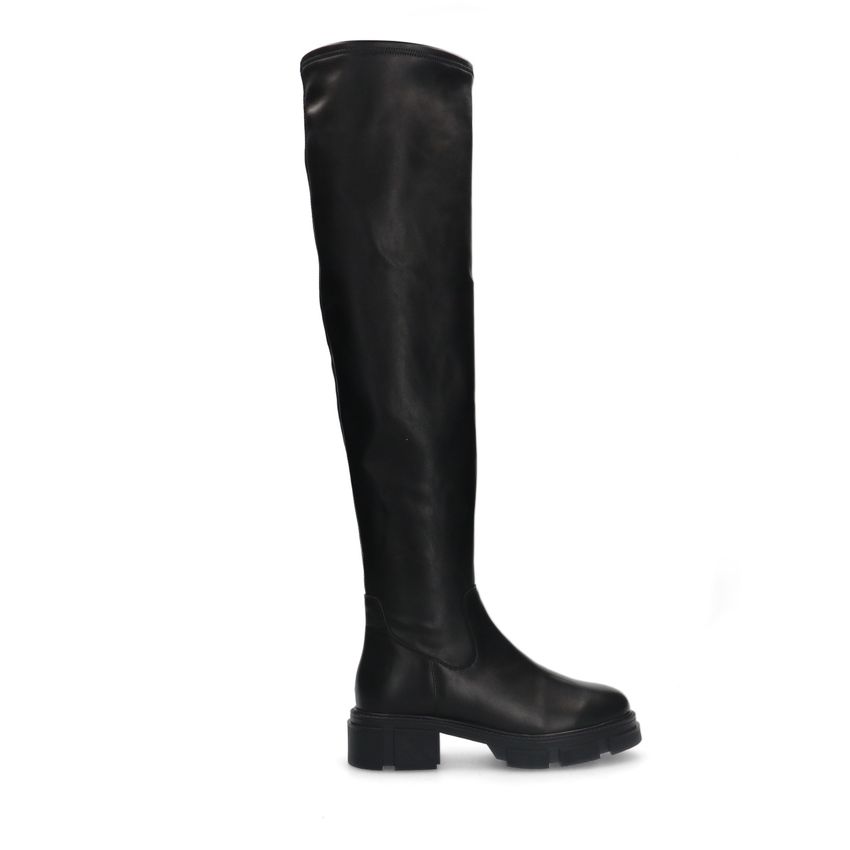 Manfield Zwarte leren hoge overknee laarzen