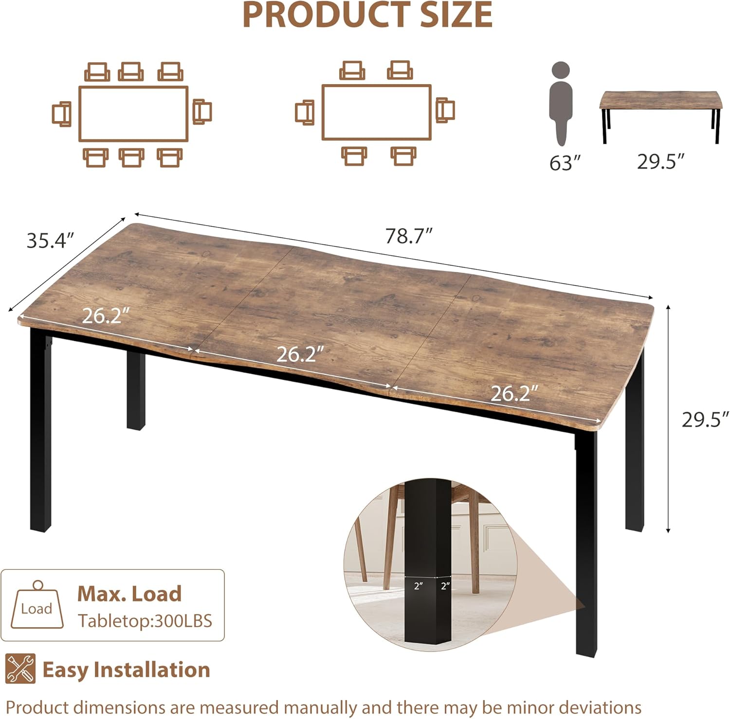 Garvee Dining Room Table for 6-8 People, 79”Dining Table, Rectangular Kitchen Table with Iron Legs, Quick Assembly, 300 Lbs Capacity, for Dining Room, Kitchen and Living Room, Retro Brown