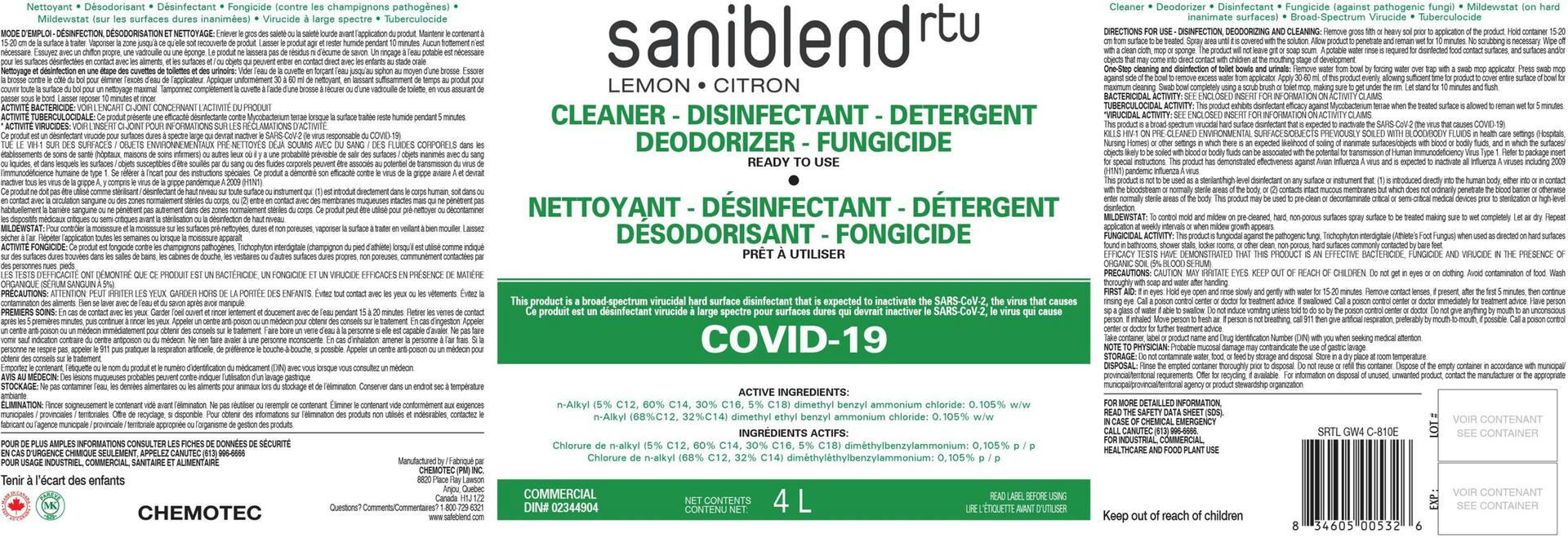 Safeblend Saniblend Ready-To-Use Disinfectant Cleaner, Lemon, Refill 4-L