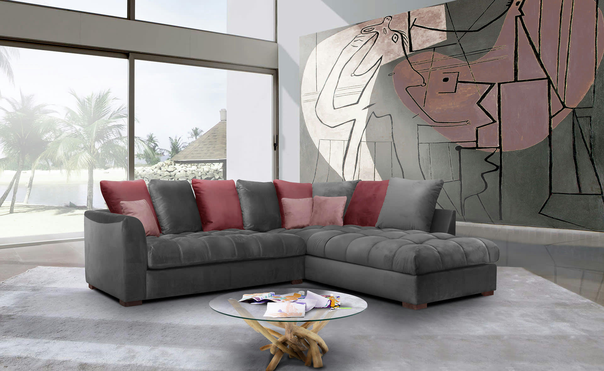 BARDI - Canapé d'angle droit 5 places tissu gris foncé