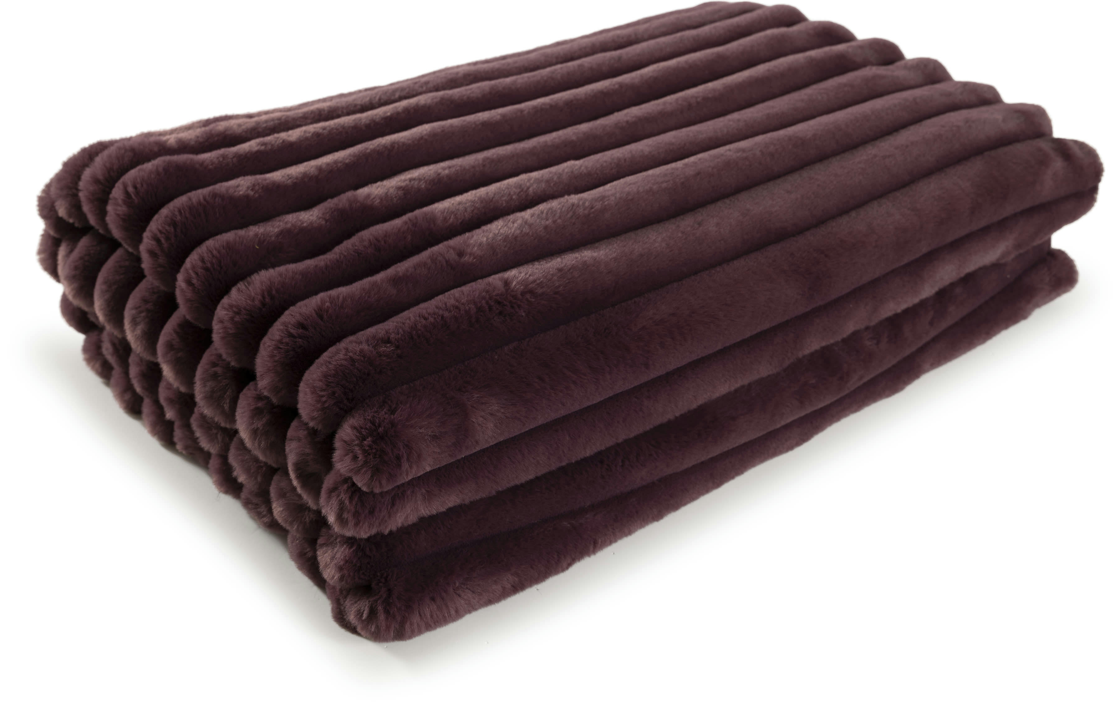 RAYA - Plaid velours cotelé moelleux imitation fourrure aubergine - 140x200