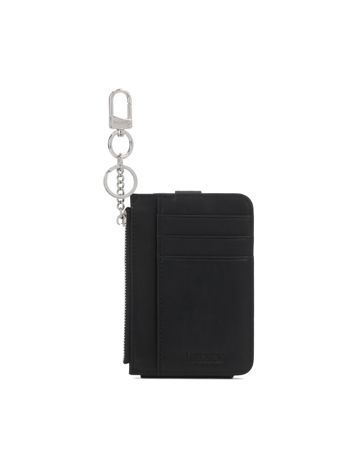 Small black wallet clipped with a snap hook