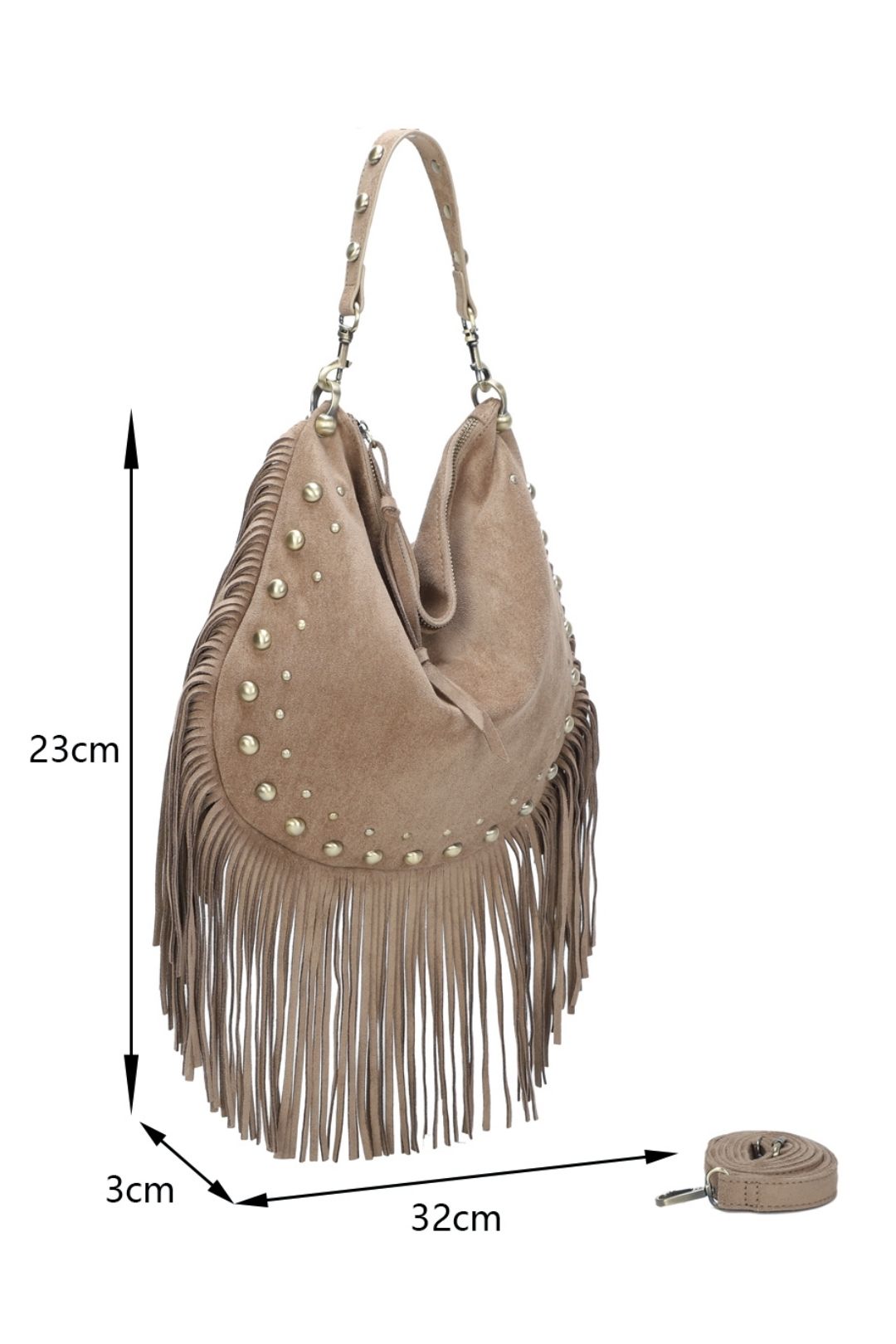 Fontanella Fashion Caravan Studded Large Faux Suede Fringe Tassel Hobo Shoulder Bag