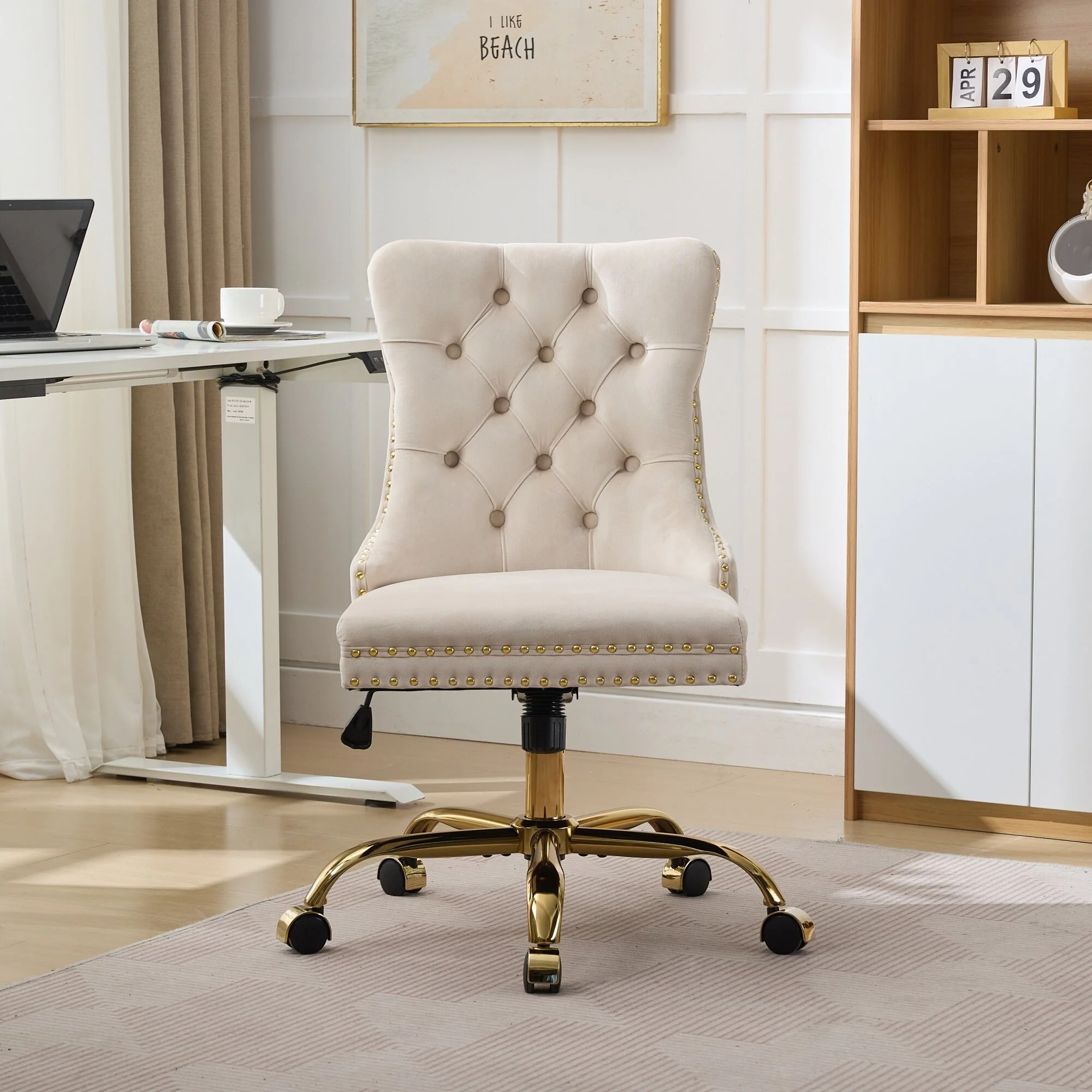 Modern Swivel Office Chair Velvet Upholstered Desk Chair Tufted Button Wingback Chairs Nailhead Trim Vanity Chair
