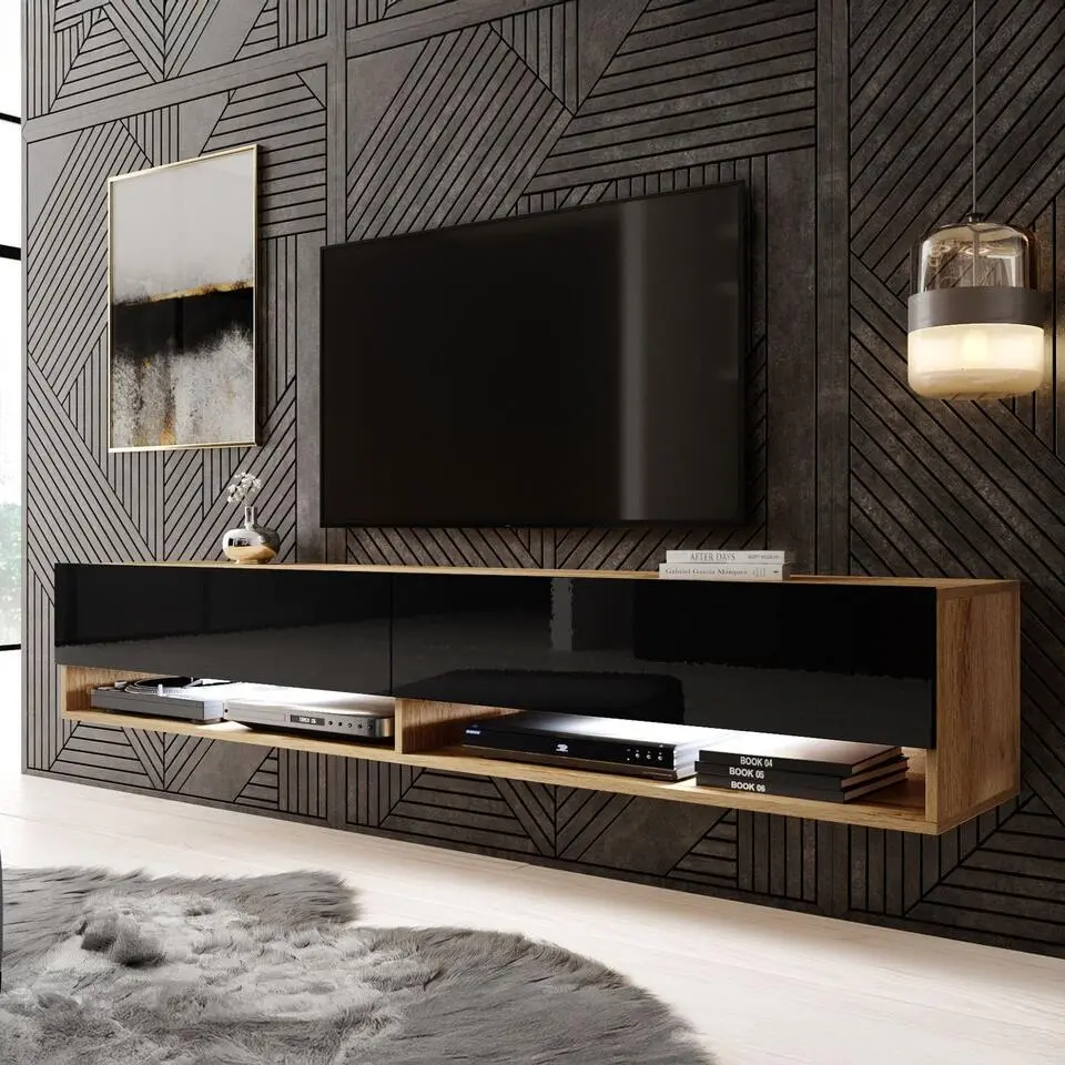 Meubella - TV-Meubel Asino LED - Zwart - Eiken - 180 cm