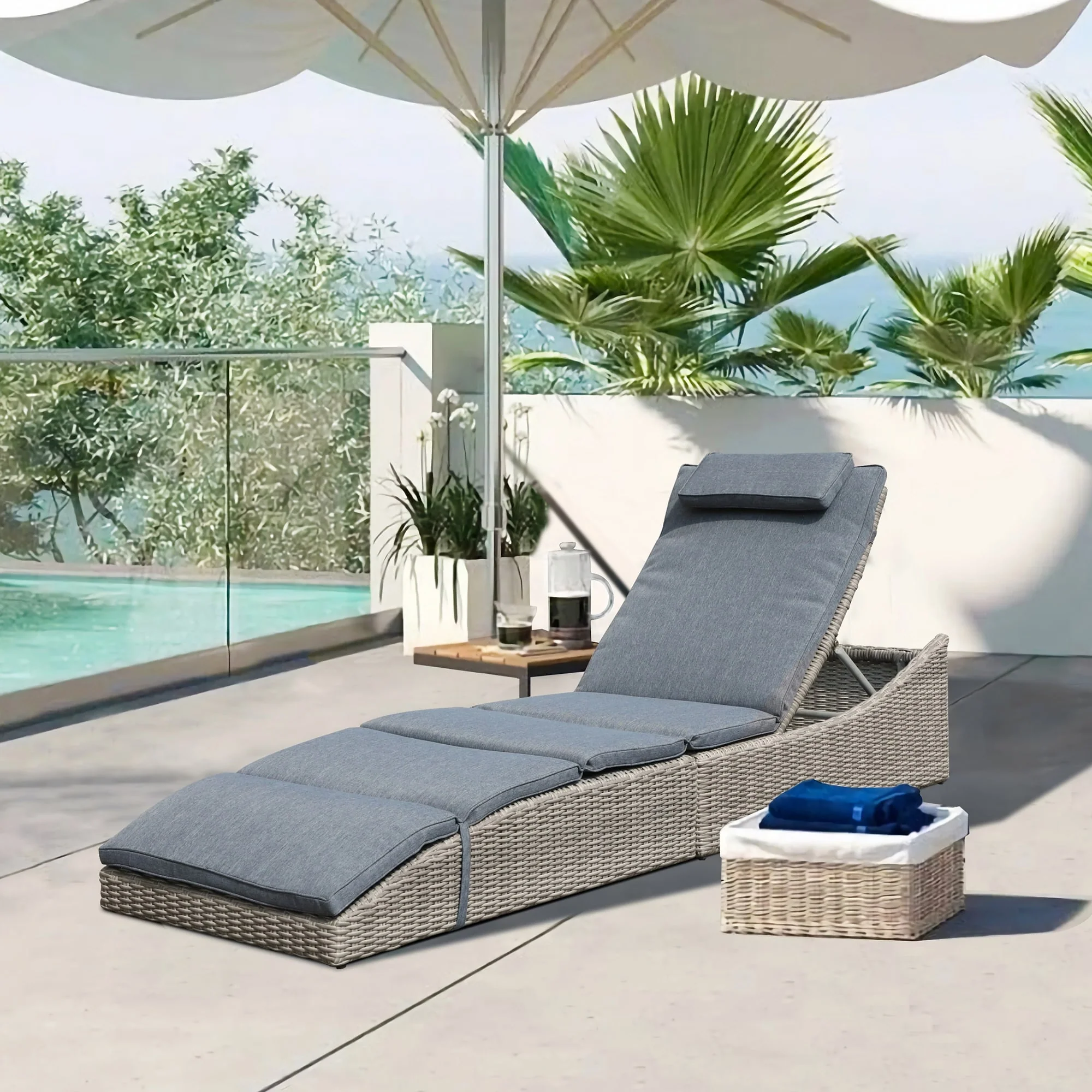 Adjustable Outdoor Wicker Reclining Chaise Lounge with Cushion