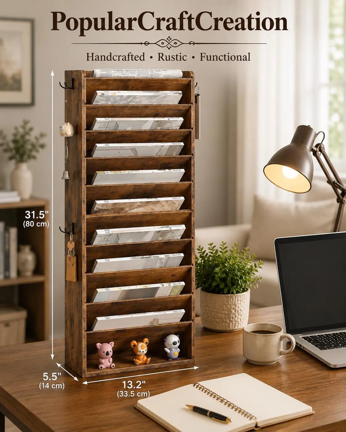 Wooden wall-mounted file rack, 10-tiered storage box, magazine rack with hooks