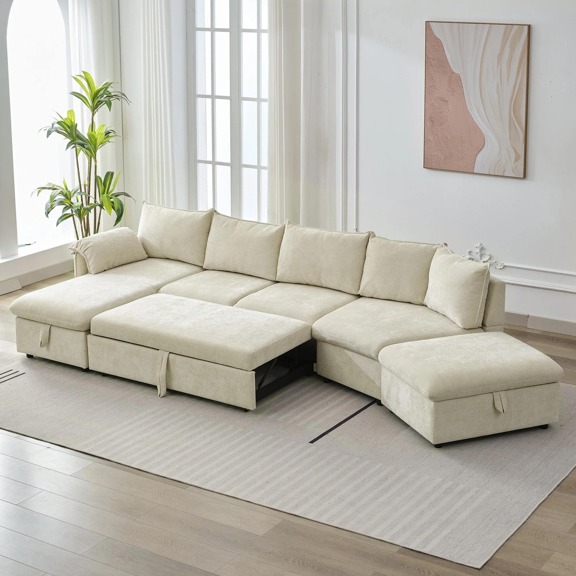 146.9 L-Shaped 5-Seater Sofa with USB Ports and Bed