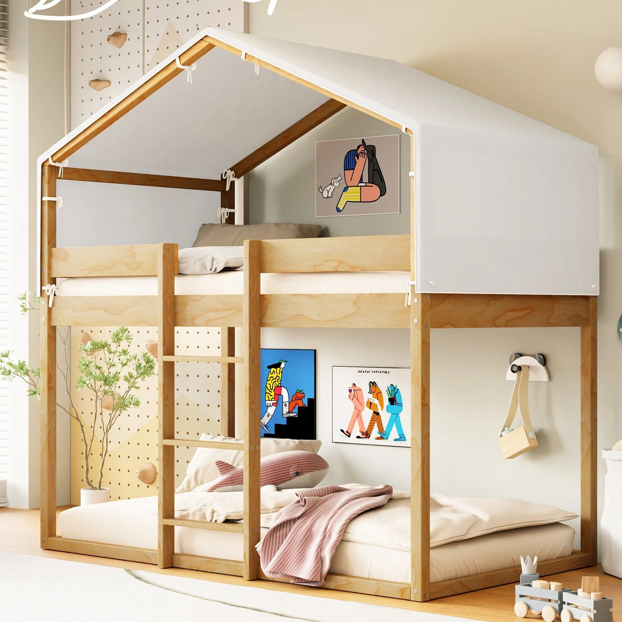 Full of Childlike Charm Bunk Bed with Tent, Twin Over Twin Wood House Bed
