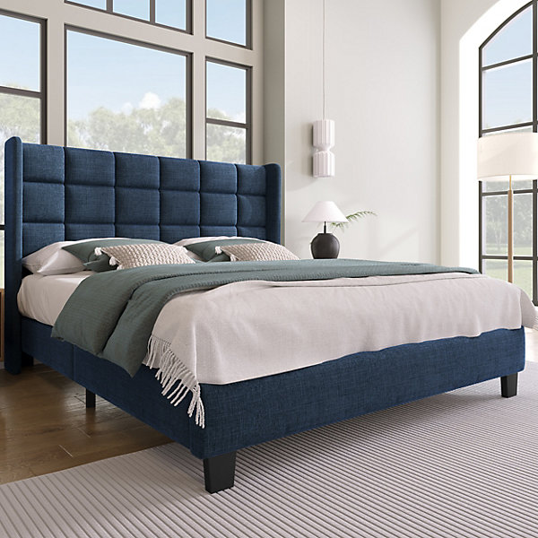 Lit rembourré 140x200 cm, avec tête de lit rembourrée, lit double avec sommier à lattes, drap inclus, matelas non inclus, bleu
