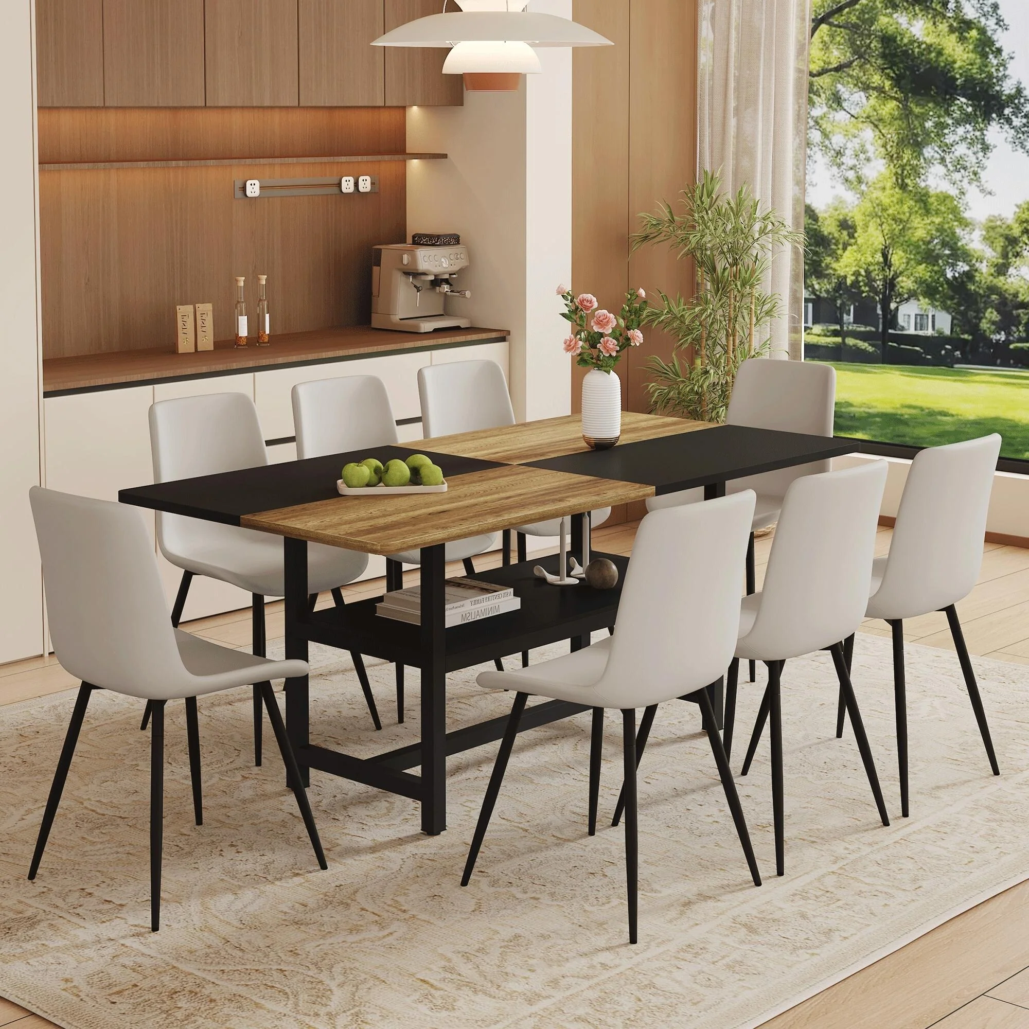9-Piece Spliced Dining Table Set with Storage Shelf, Waterproof Leather Chairs, Scratch-Resistant Top, Non-slip Pads