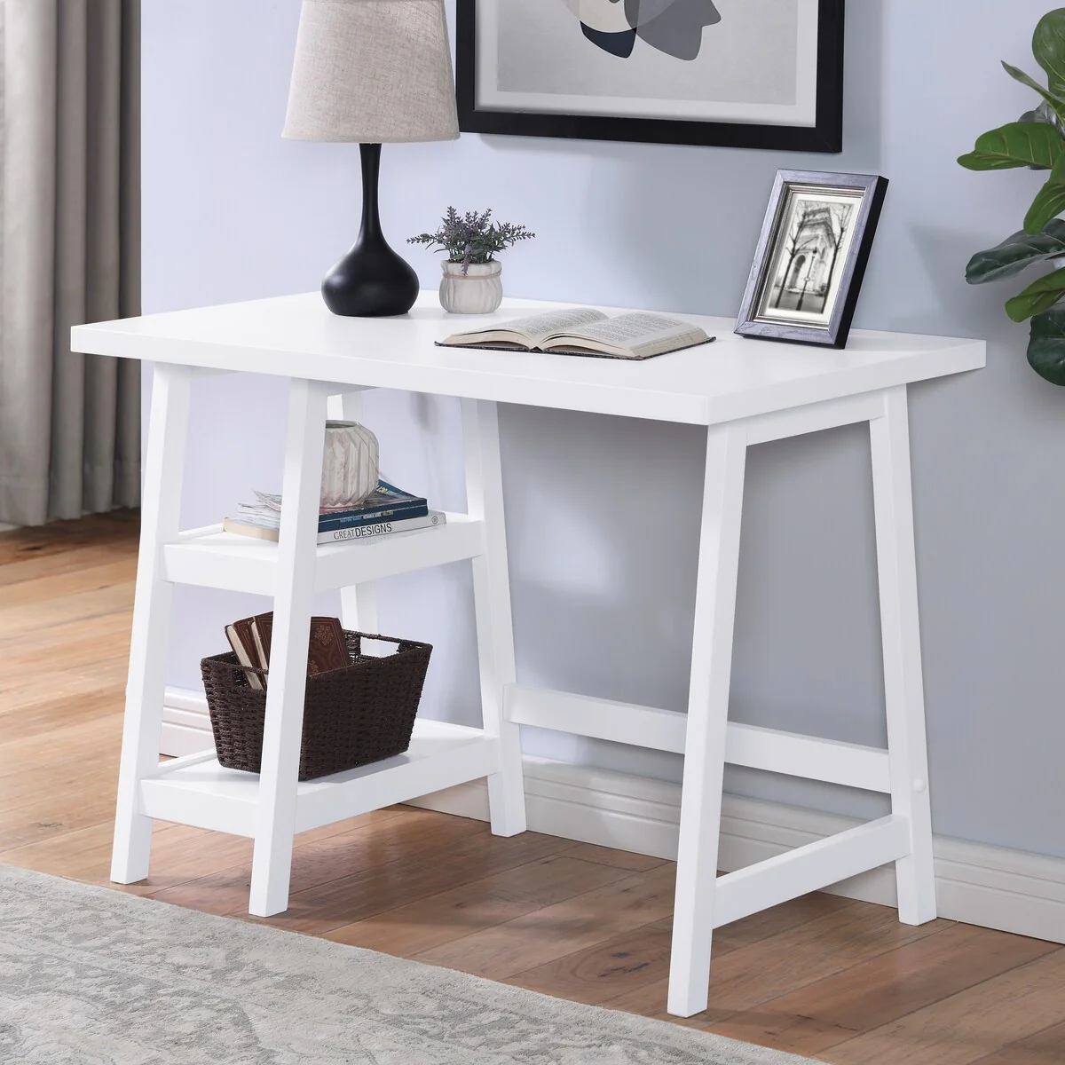 Modern Wooden Frame Writing Desk Compact Computer Desk Home Office Desk with Open Storage Shelves Student Study Desk