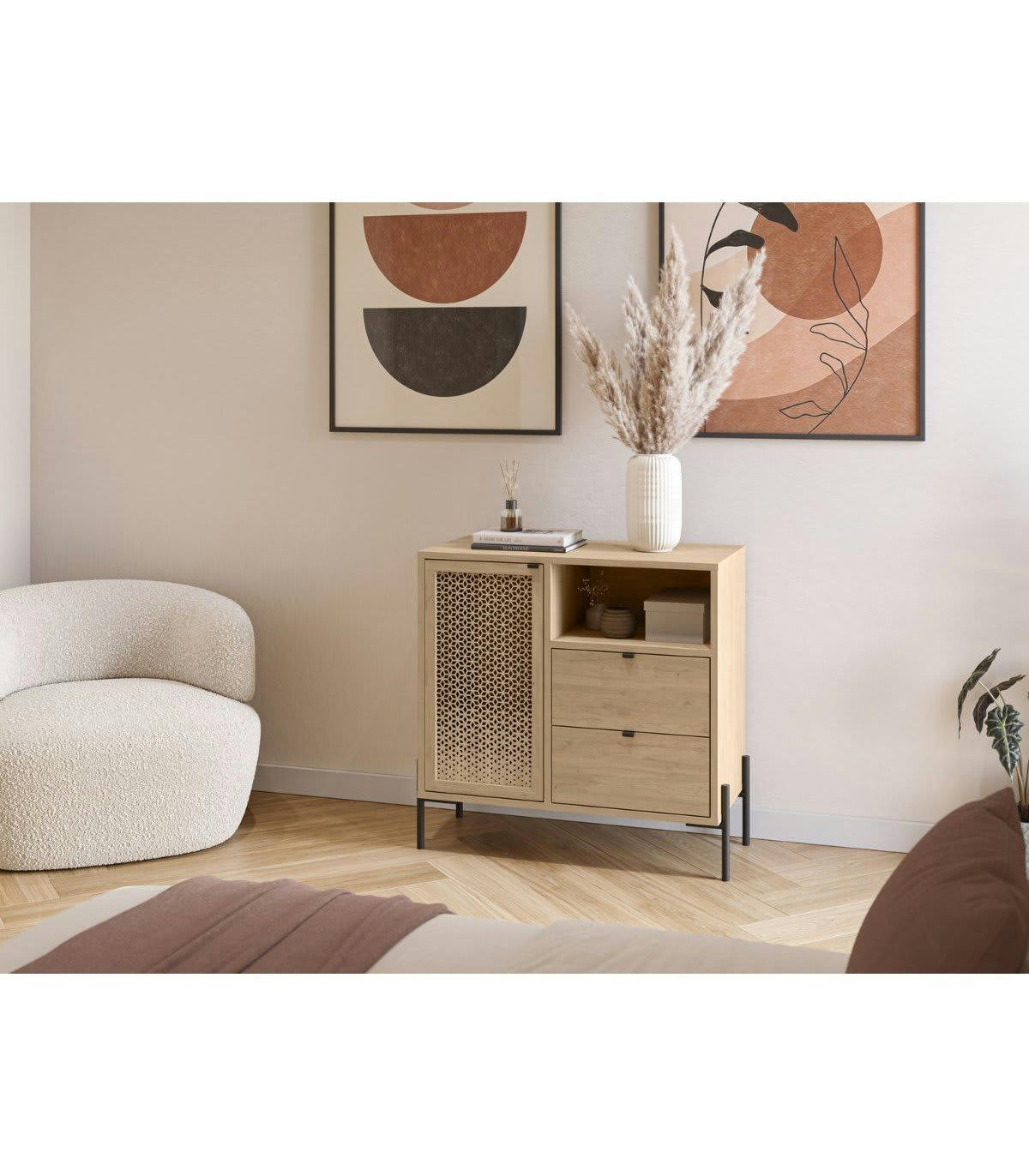 INCA - Petit buffet 1 porte, 1 niche, 2 tiroirs décor chêne - L80 cm