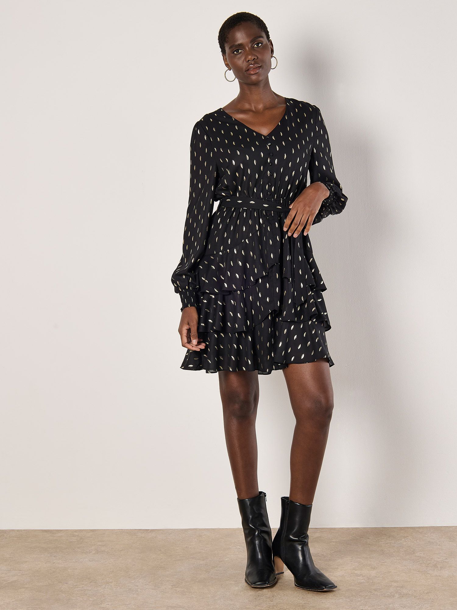 Apricot Gold Foil Spot Tiered Mini Dress