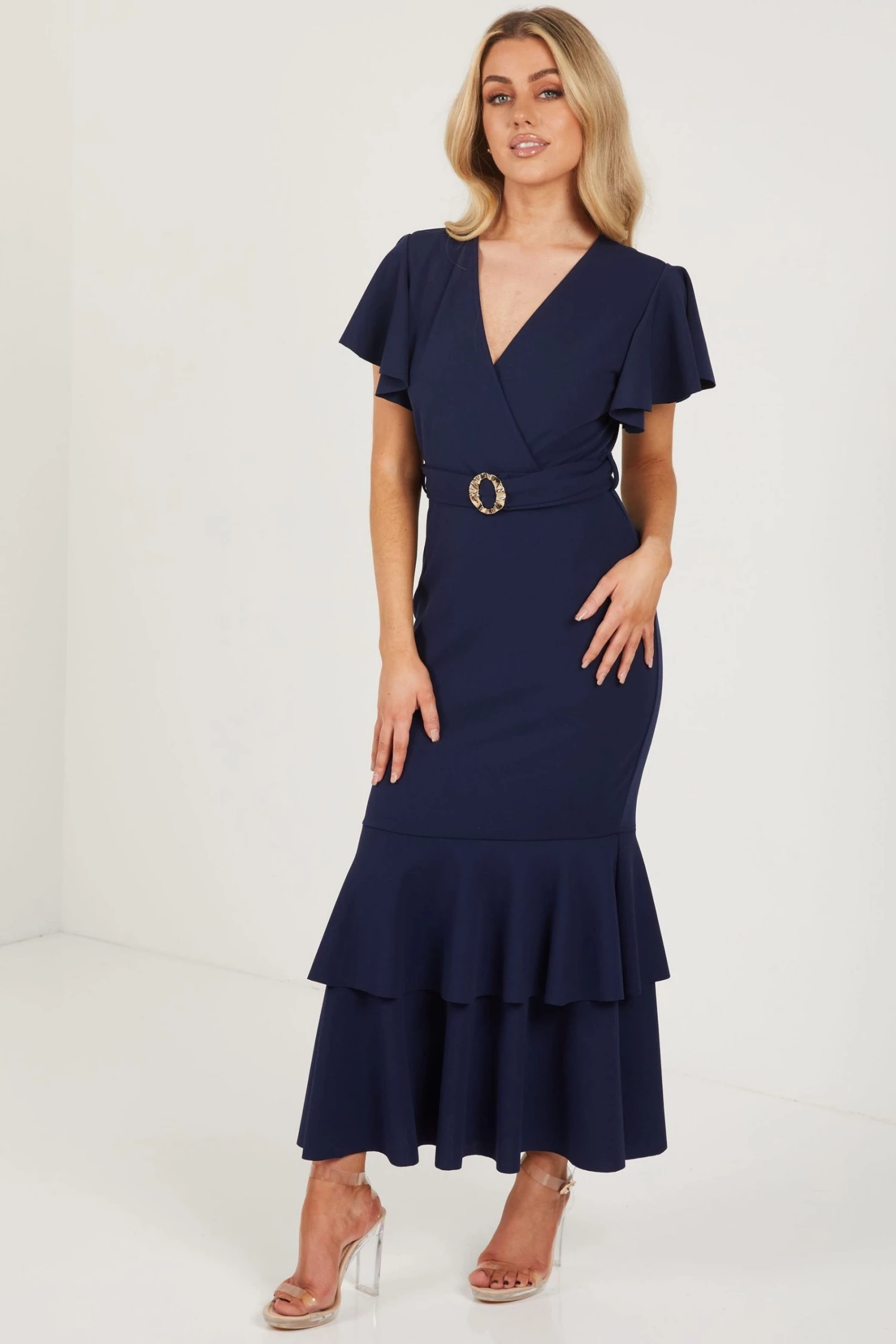 Quiz Navy Blue Wrap Belt Detail Frill Midi Dress