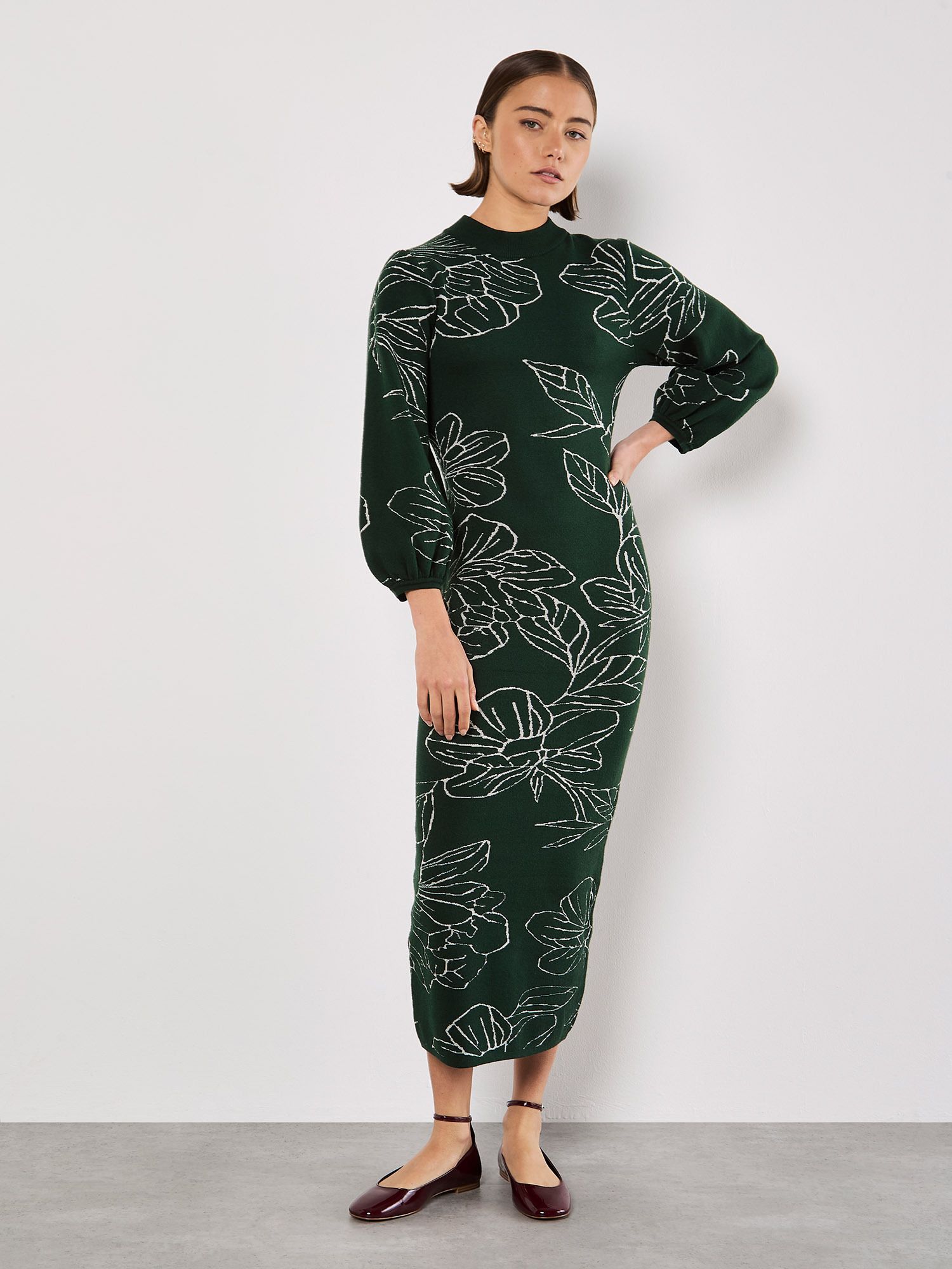 Apricot Floral Knitted Midi Dress