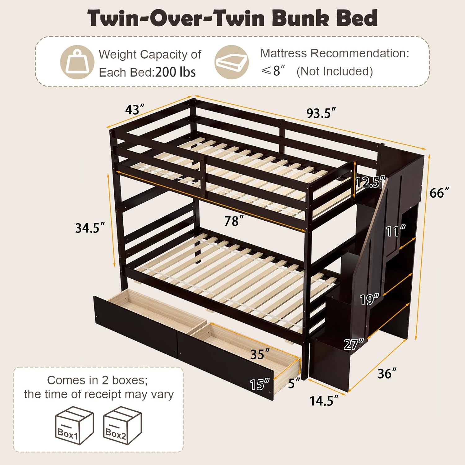 KOMFOTT Wood Twin Over Twin Bunk Bed with Storage Drawers & Stairs, Bunk Beds with Bookcase & Safety Guardrail, Solid Wood Slatted Bunk Bed for Kids Teens Adults, No Box Spring Needed (Espresso)