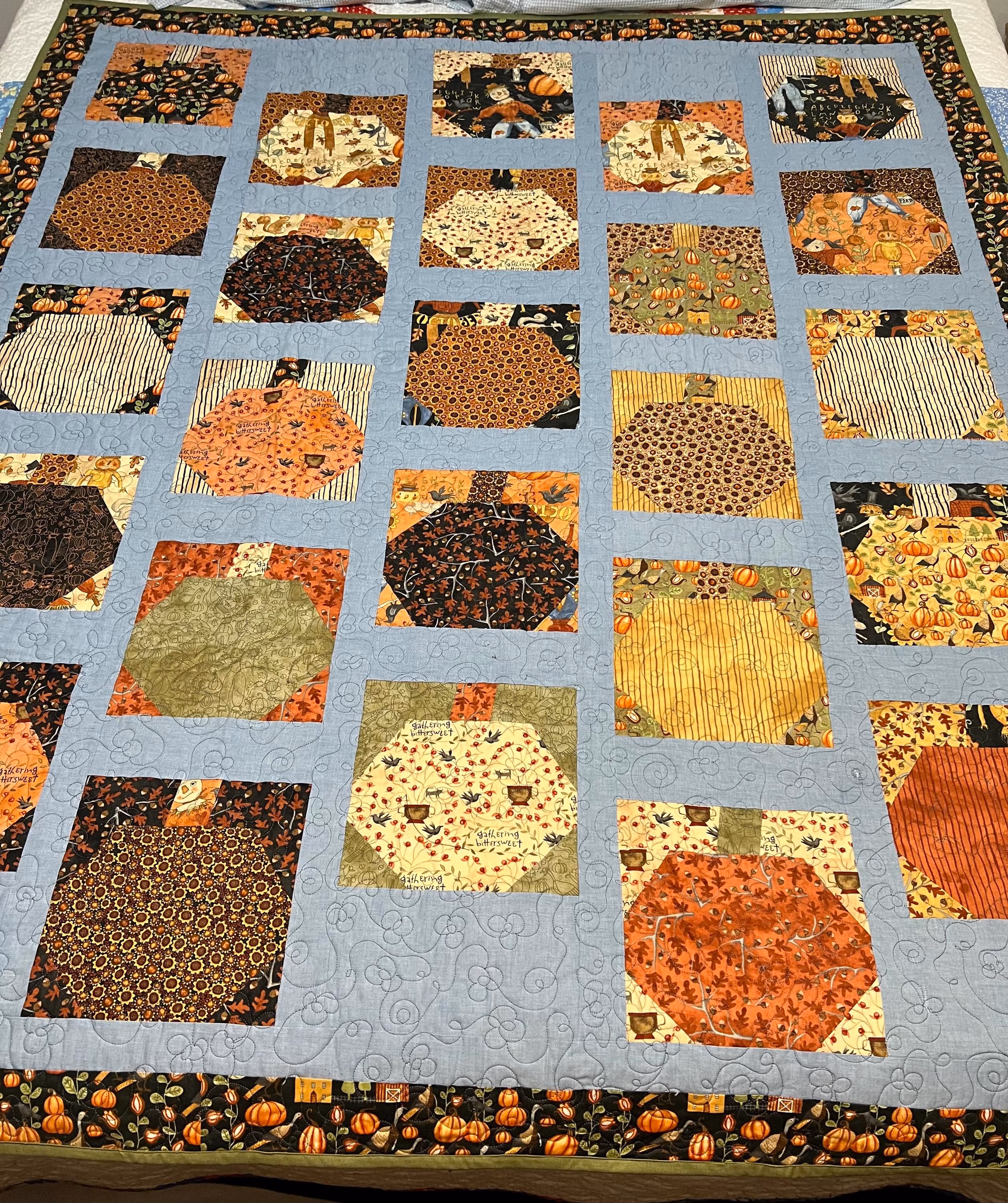 Fall Pumpkin Lap Quilt 62” x 52” made with Bittersweet Farm cotton fabric and backing and light weight cotton batting