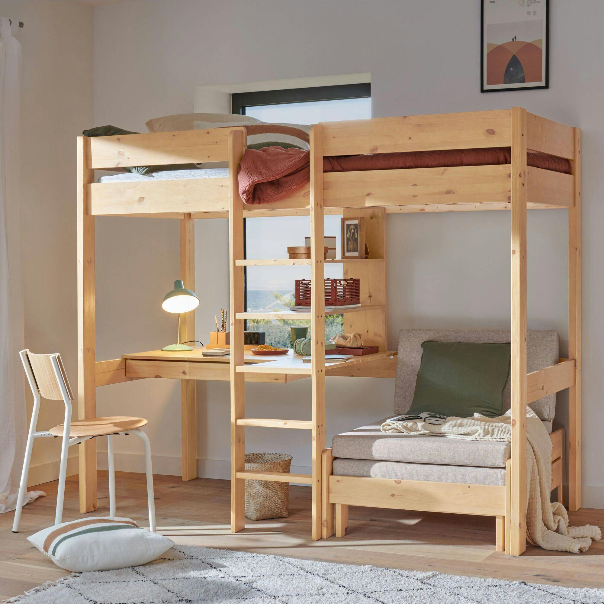 TIM - Lit mezzanine en bois avec son fauteuil 90 x 190 cm naturel
