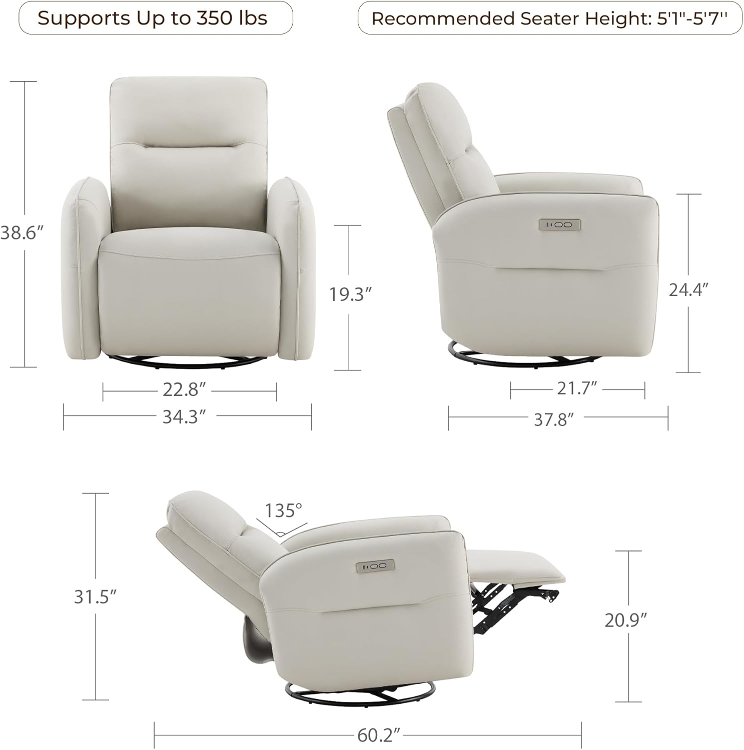 CHITA Faux Leather Power Recliner Chair, Swivel Glider Recliner for Adults, Nursery Rocking Chair with USB & Type-C Charging for Living Room, Bedroom, Creamy Grey