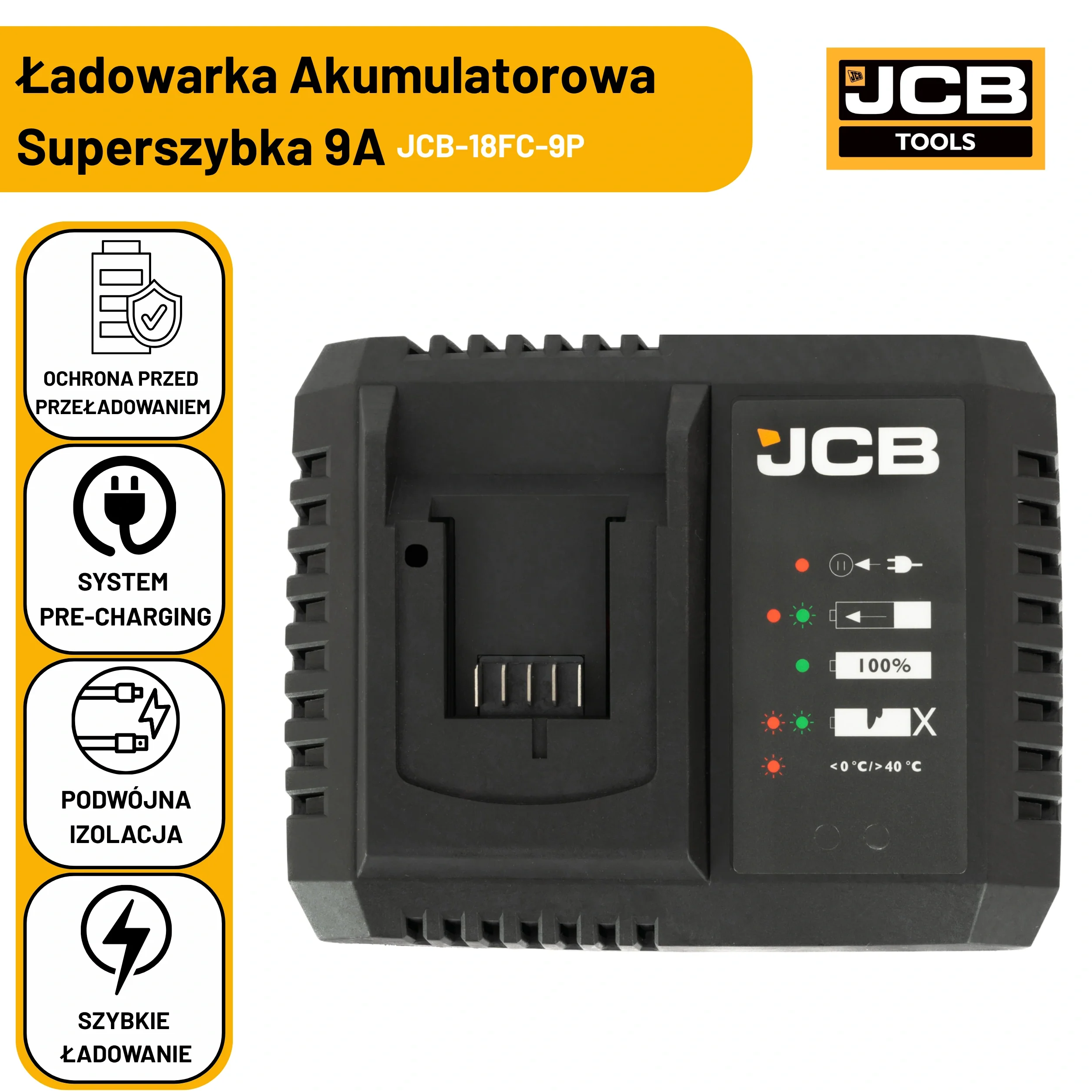 JCB Professional  Super Szybka Ładowarka 9A Do Akumulatorów Li-Ion 18V