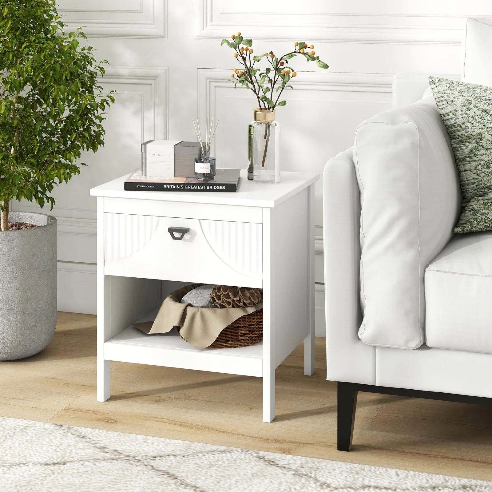 White MDF Nightstand with Drawer, Shelf and Faux Cutout Design