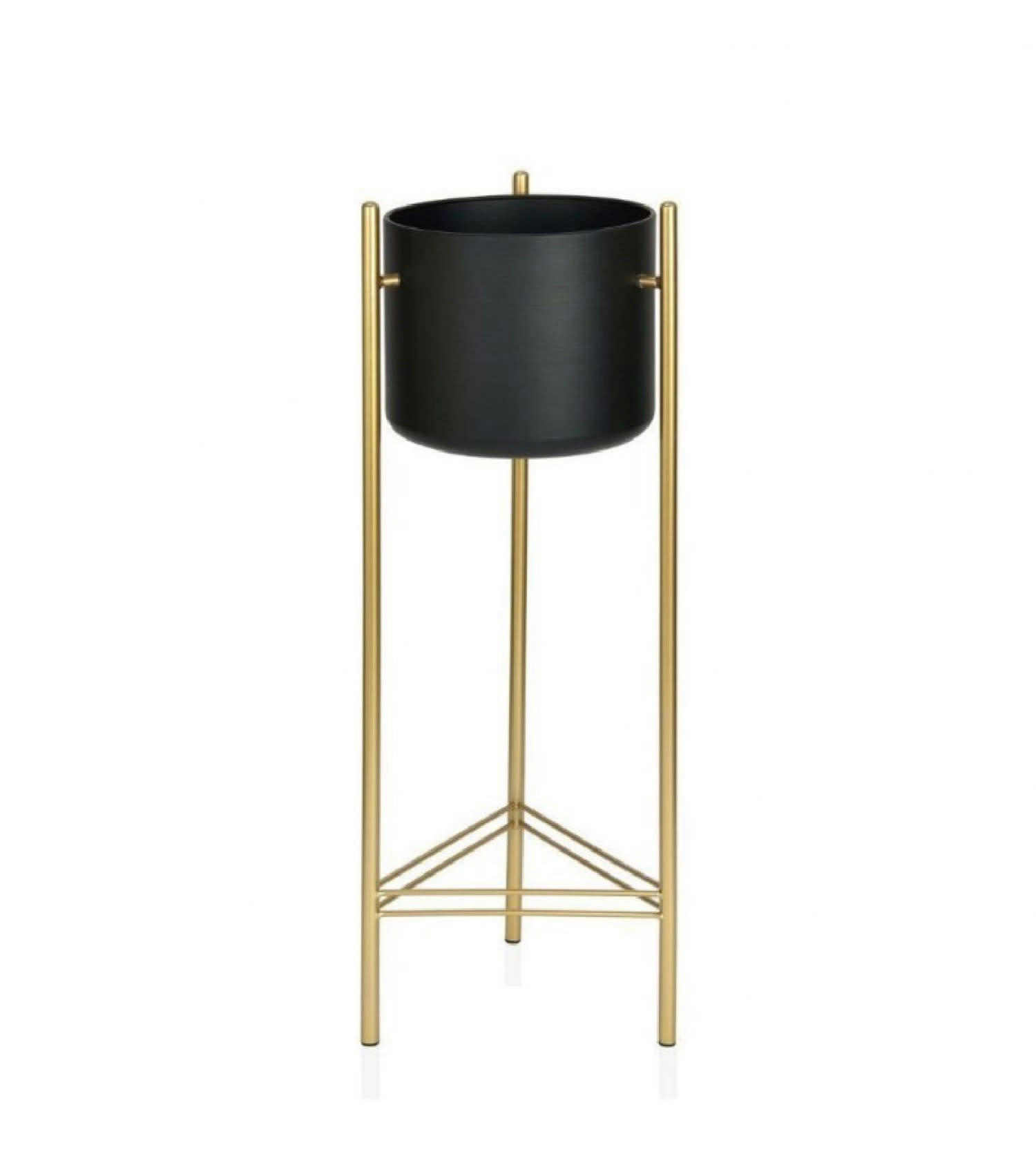 OR - Cache-pot sur pied en métal doré et pot noir H80cm