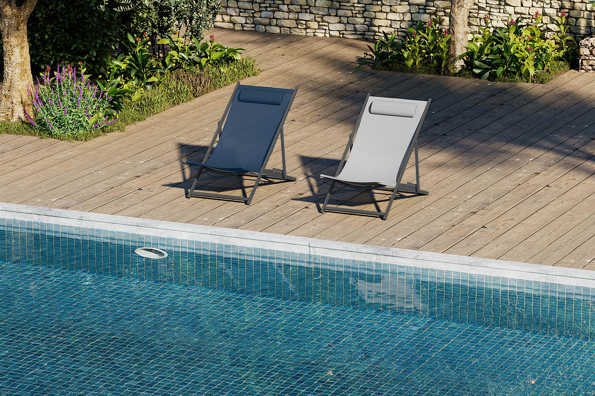 GIENA - Lot de 2 chiliennes en acier gris foncé et texaline bleu foncé