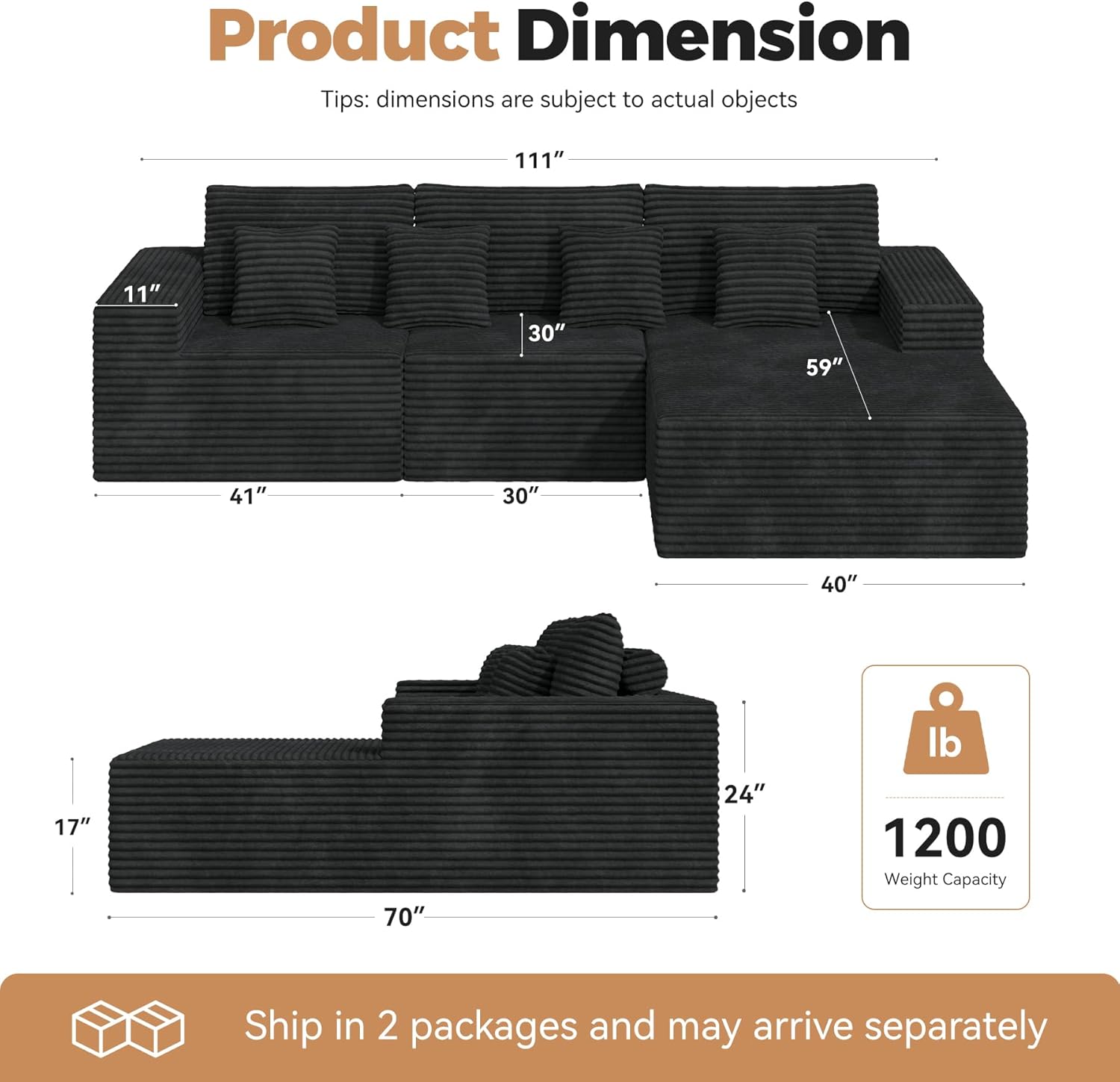 111‘’ Modular Sectional Cloud Couches with L Shaped Chaise, Upholstered Deep Seat Boneless Sofa for Living Room, Bedroom, No Assembly Required-Black 1PCS(Corduroy Fabric)