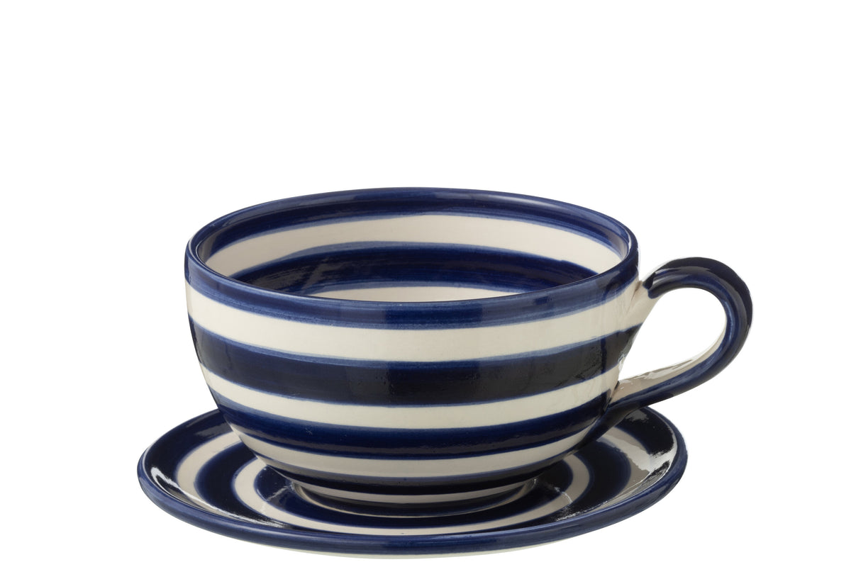 J-Line kopje   schoteltje Granada Stripes - keramiek - wit/blauw