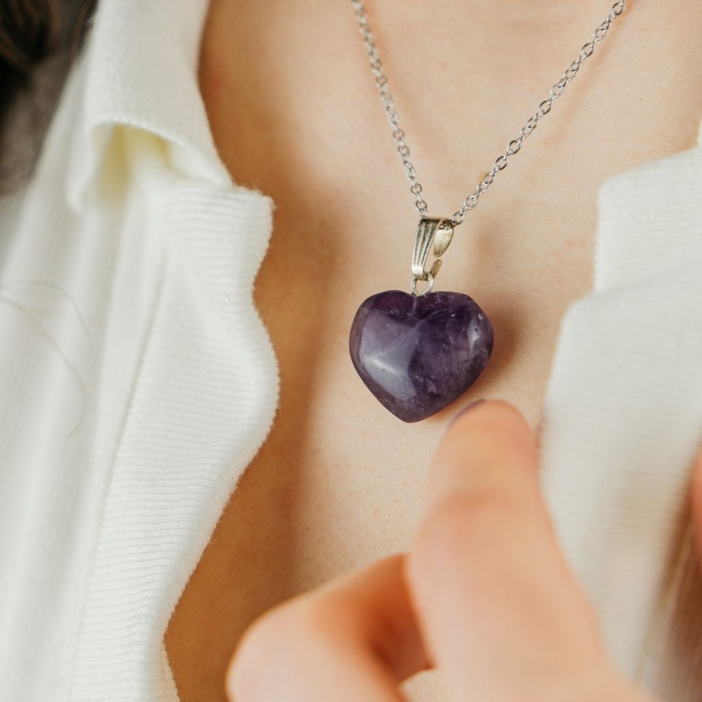 The Colourful Aura Purple Amethyst Amazonite Green Rose Quartz Heart Shape Pendant Necklace