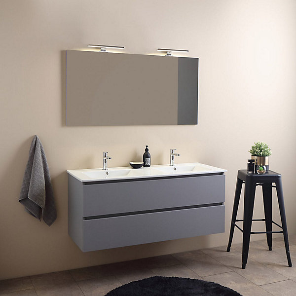 Meuble De Salle De Bain Suspendu Avec 2 Tiroirs Et Double Lavabo De 120 Cm En Gris