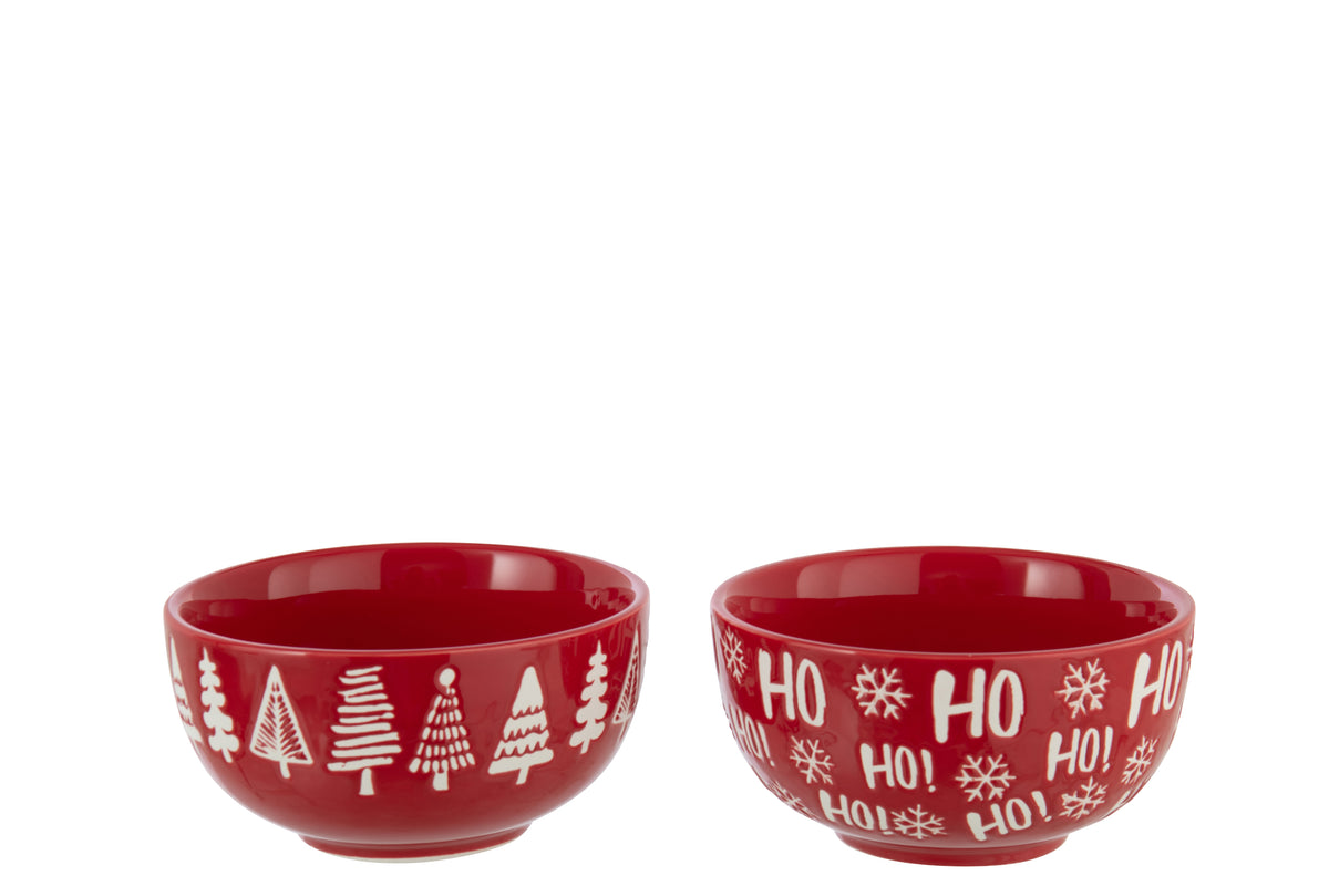 J-Line schaal Dolomiet - keramiek - kerstrood/wit - 2 stuks
