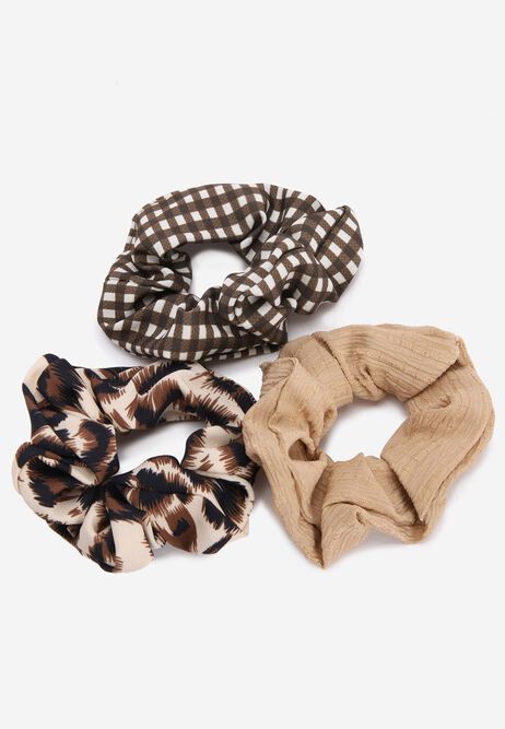 Womens 3pk Brown Check Scrunchies
