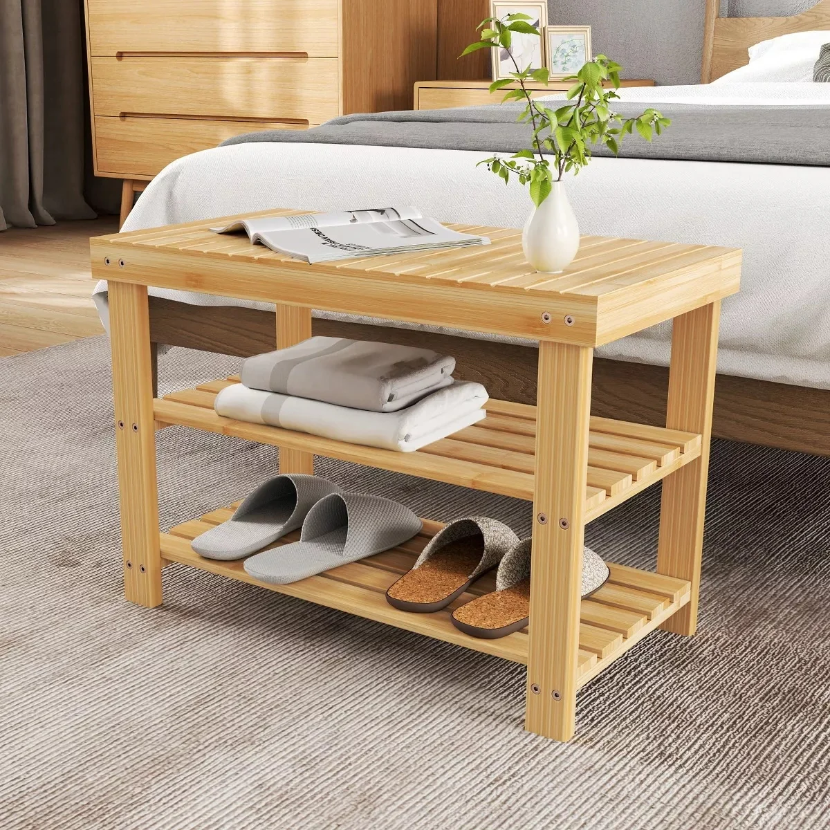 Shoe Rack Bench, 3-Tier Bamboo Entryway Storage Organizer, FrontDoor, Bedroom, Bathroom, Balcony